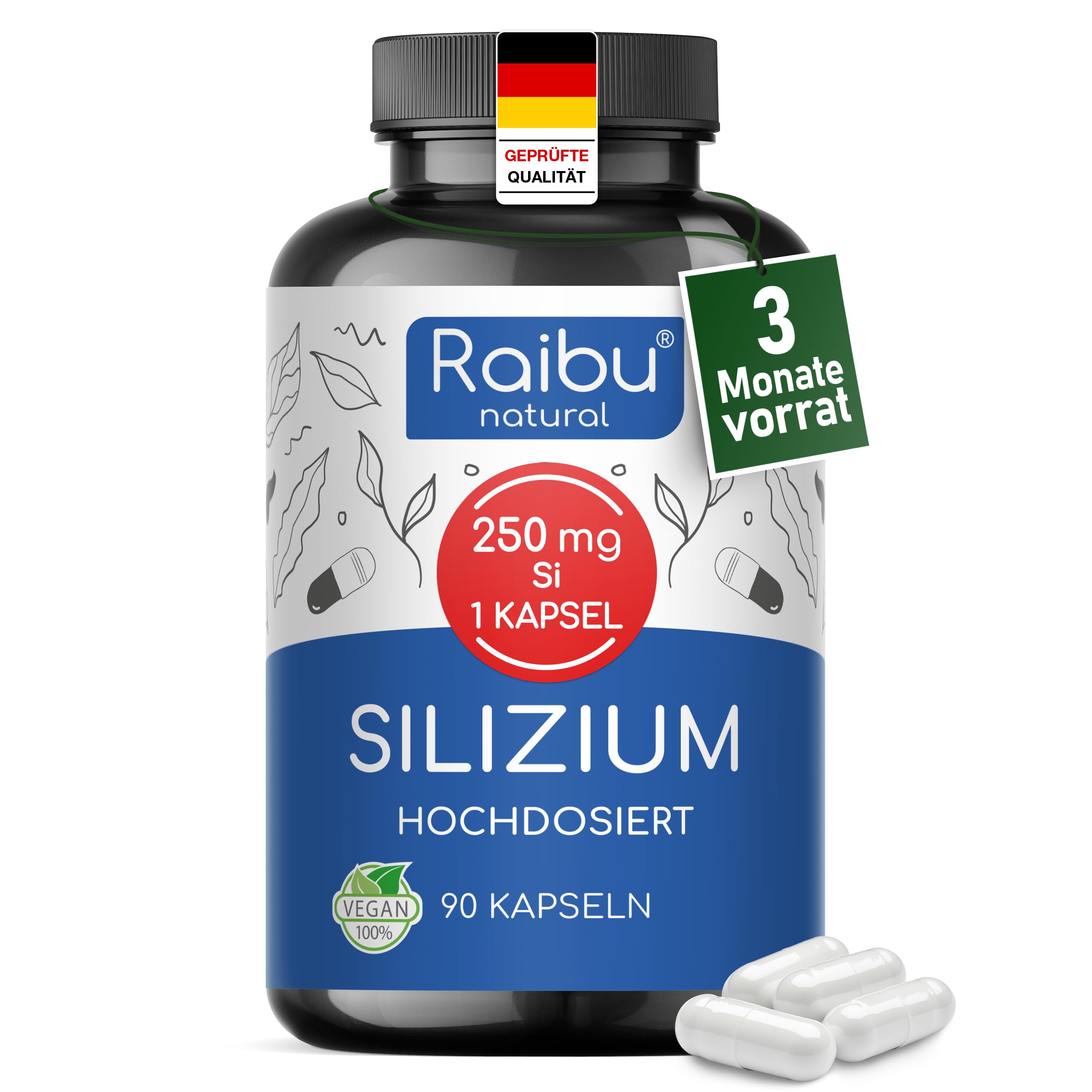 Raibu Silizium Kapseln hochdosiert - 667mg organisches Silica hochdosiert aus Bambusextrakt - 90 Kapseln für 3 Monate - Ohne Zusätze, in Deutschland produziert Vegan