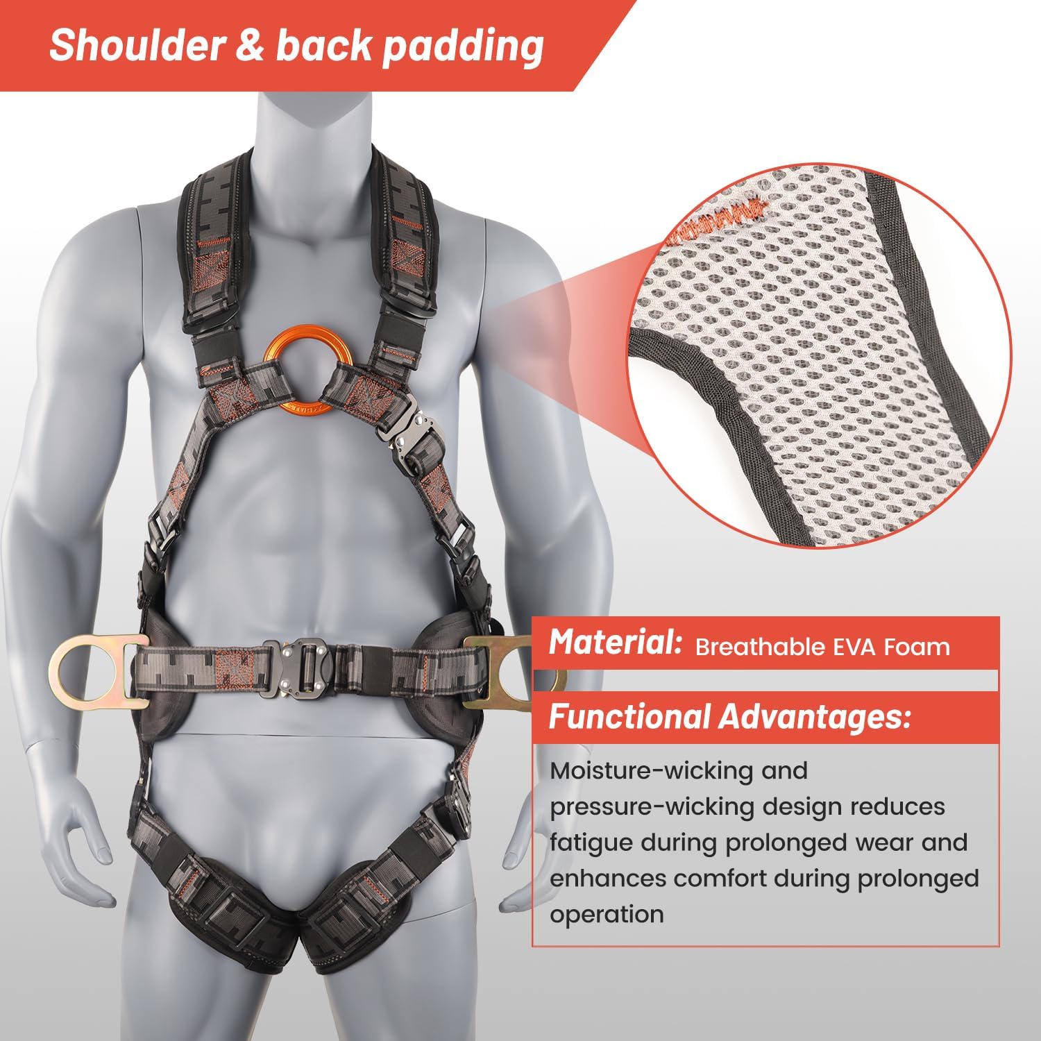 Safety Harness Fall Protection Padded on the shoulders, waist, and legs, featuring front O-rings, with upgraded quick-release buckles, meets ANSI standards, suitable for roofing work, construction