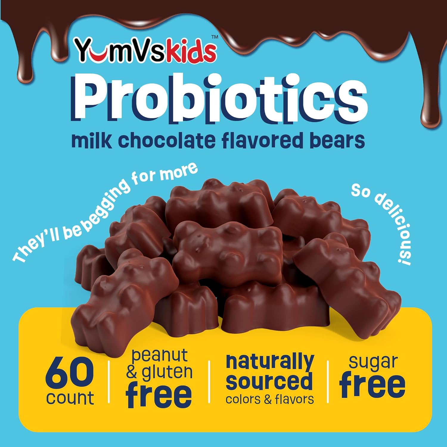 YUM-V'S Probiotic & Prebiotic Kids Sugar-Free Chocolate Chewable Fiber Supplement for Digestive Health (Toddlers, Kids & Teens) – 60 Chewables (2-Pack)