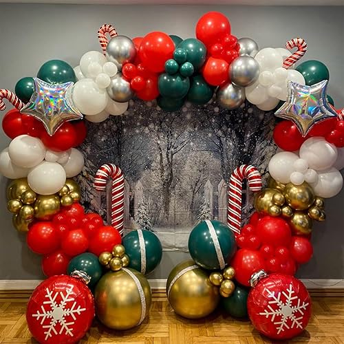 Miniatura 6 de RUBFAC Kit de arco de guirnalda de globos de Navidad de 140 piezas con caja de regalo de caramelo verde, rojo y blanco, globos de estrella roja para