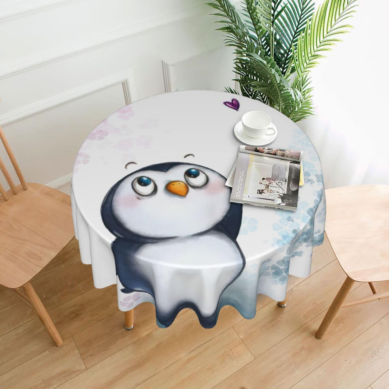 Uusnwaa I Love Penguins Print Round Tablecloth 60 Inch, Stain Wrinkle Resistant Washable Polyester Table Cover For Kitchen Party