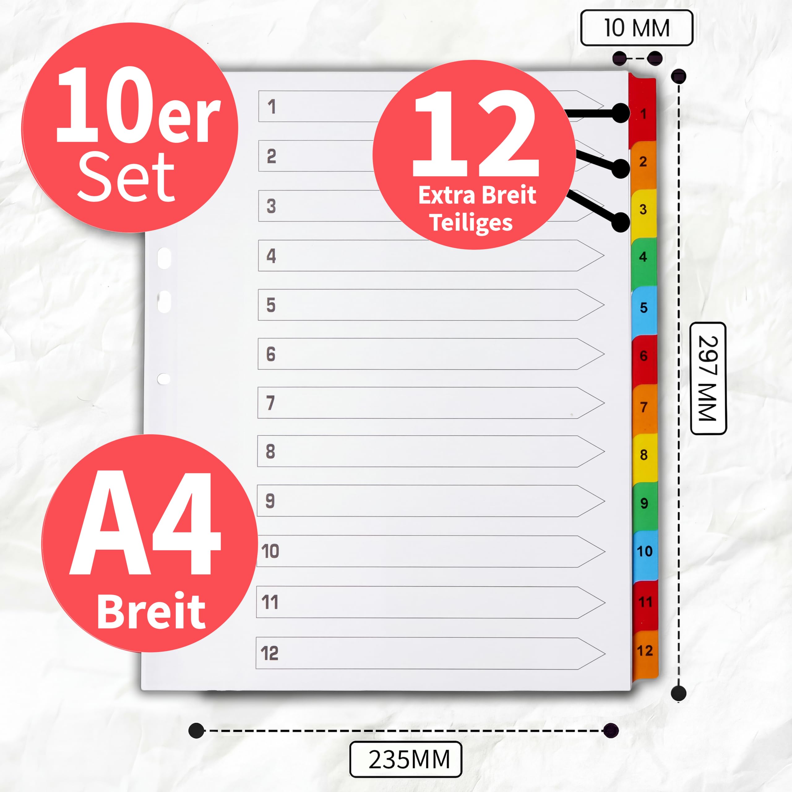 The Paper Shop Register für Ordner A4+ Extra Breit - 12-teilig Nummeriert (10 Pack) | Trennstreifen & Unterteiler für Ringordner | Extra Breite Trennblätter Großpack - 120 Stück