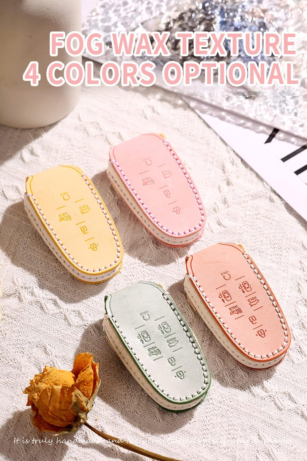 SANRILY Fashion Leather Key Fob Cover for Hyundai Sonata 2022 Nexo Santa Fe Tucson 2021 2020 Key Fob Keyless Full Protection 7 Button Smart Key Fob Case with Flower Keychain Green