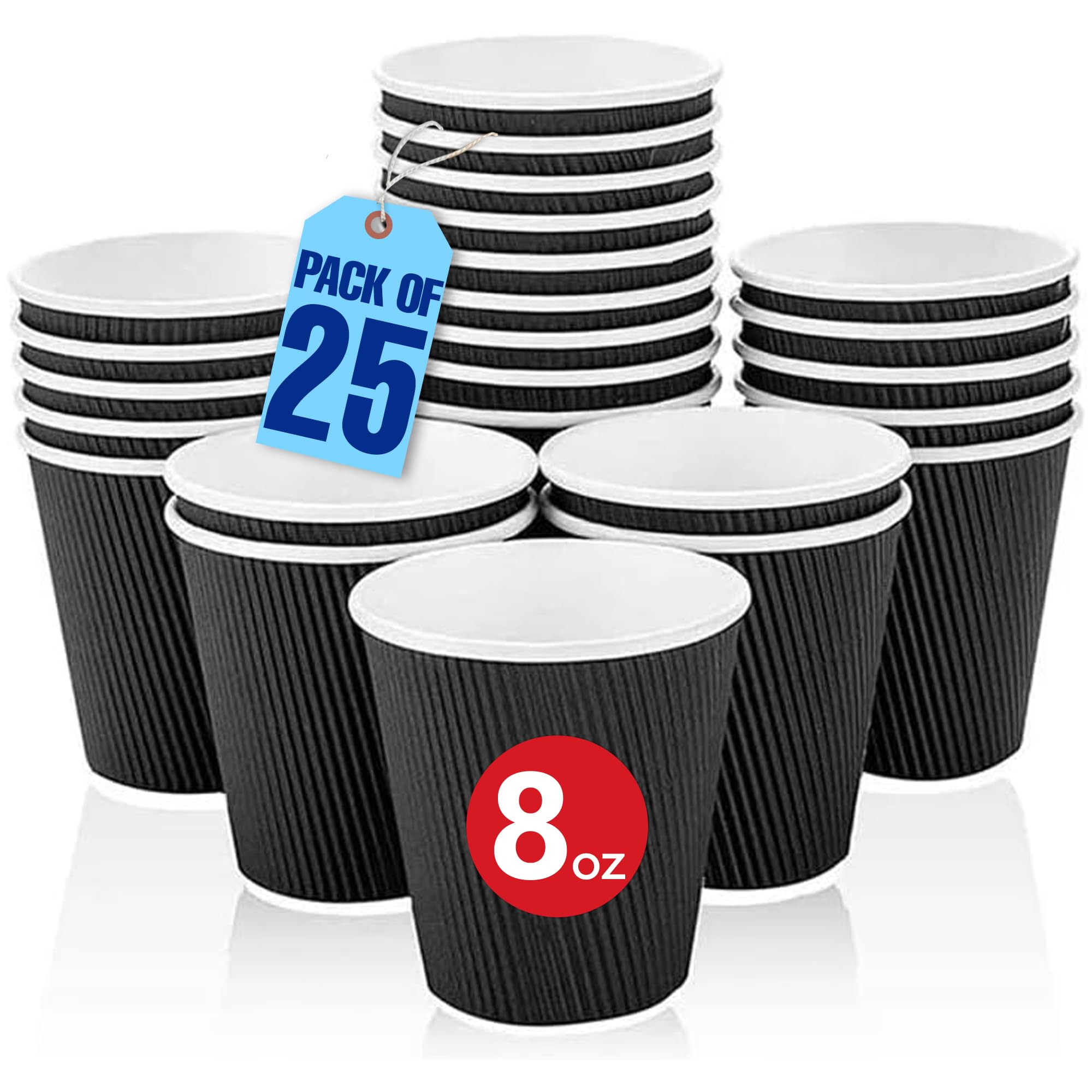 Markq Triple Wall Ripple Disposable Coffee Cups 25-Pieces, 8 oz Capacity, Black