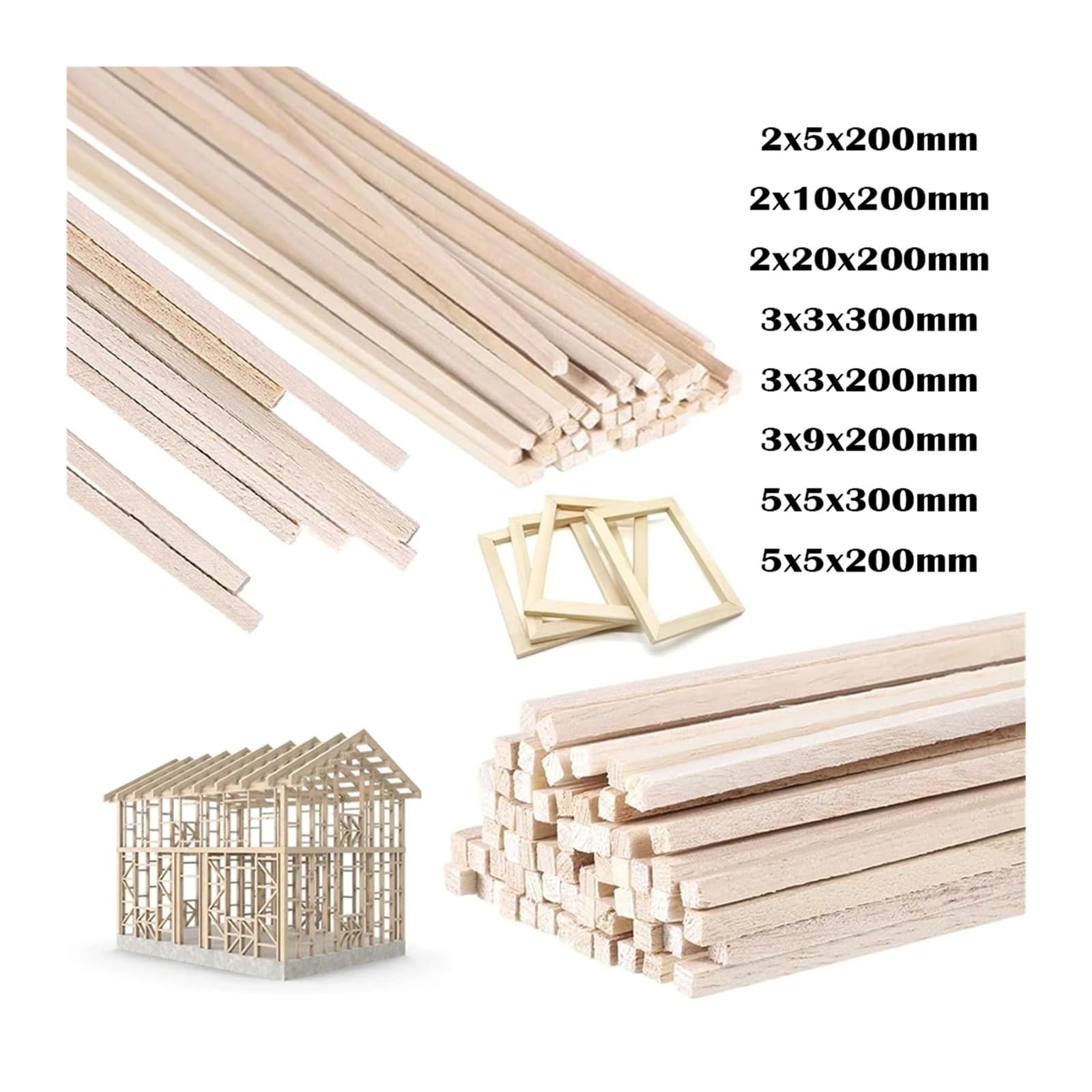 20/50 tiras de madera de balsa para tallar, para manualidades, modelo cuadrado, juguetes de construcción, tallado, artesanía, accesorios de bricolaje, palos de madera de 2-5 mm (2 x 10 x 200 mm, 50