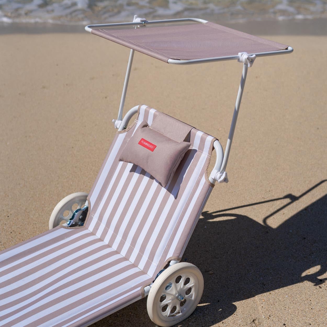 Flamingueo - Pack 2 Sillas Playa - Tumbona Plegable - 5 Posiciones - Parasol Ajustable UPF 50+ - Almohada Ergonómica - Convertible en Carrito de Transporte