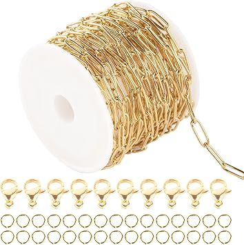 Gold Chain 16.4 Feet 4mm Oval Paperclip Stainless Steel Chain Link Cable Necklace Chains Bulk with Lobster Clasps and Jump Rings for Women Bracelet DIY Jewelry Making