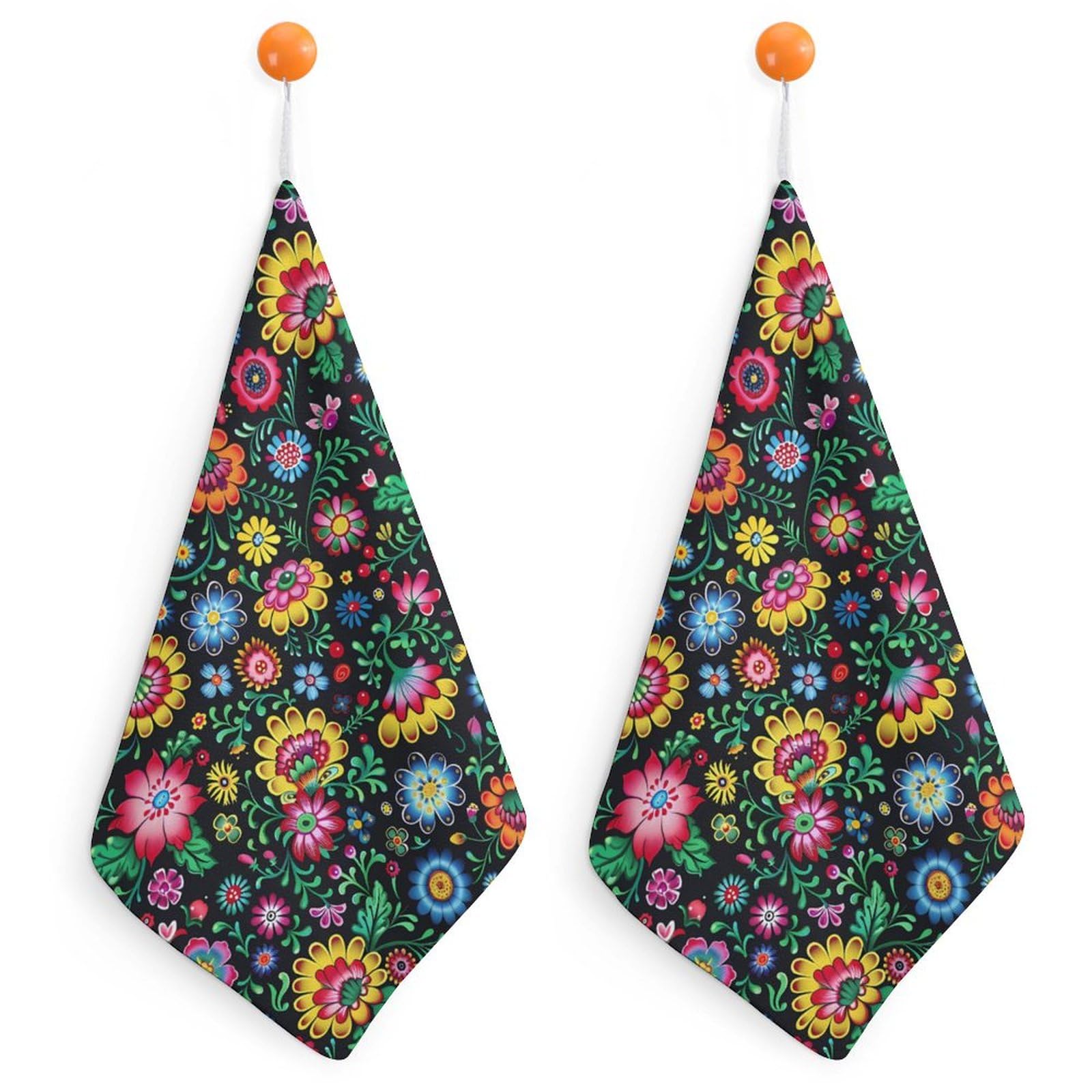 Polish Folk Art Floral Pattern Hand Towels Prints Kitchen Towel Washcloth Handkerchief with Hanging Loop 2PCS