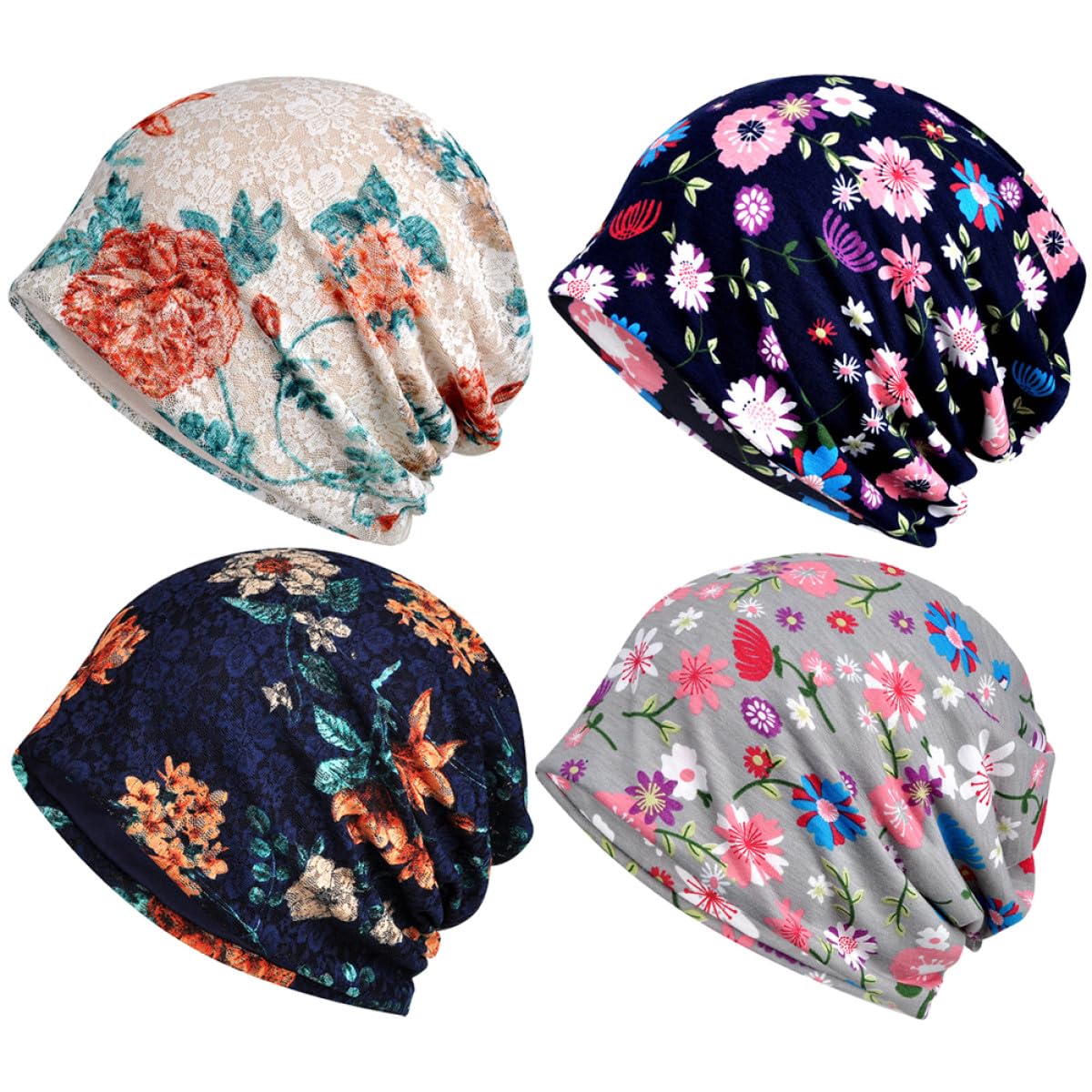 BESPORTBLE Set 4 Pezzi Cappelli da Notte Donna in Cotone Design Pizzo Floreale Traforato, Leggeri, Traspiranti e Flessibili per Dormire e Gravidanza Stile Casuale