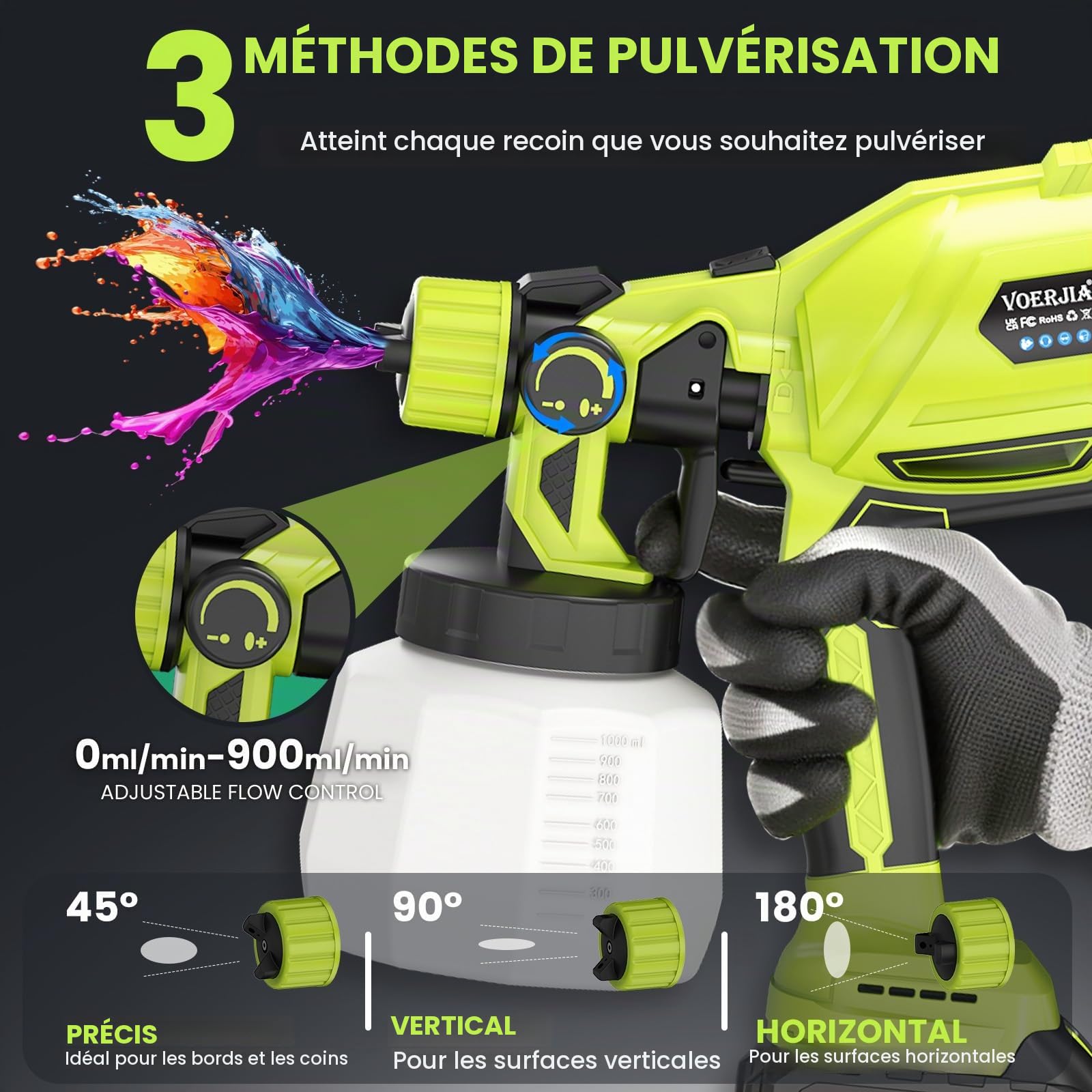 VOERJIA Pistolet à Peinture sans Fil 21V, Pulvérisateur de Peinture HVLP 850W avec 2×4.0Ah Batterie, Réservoir 1000ML, 5 Buses, 3 Modes, pour Murs, Meubles, Clôtures, Intérieur/Extérieur