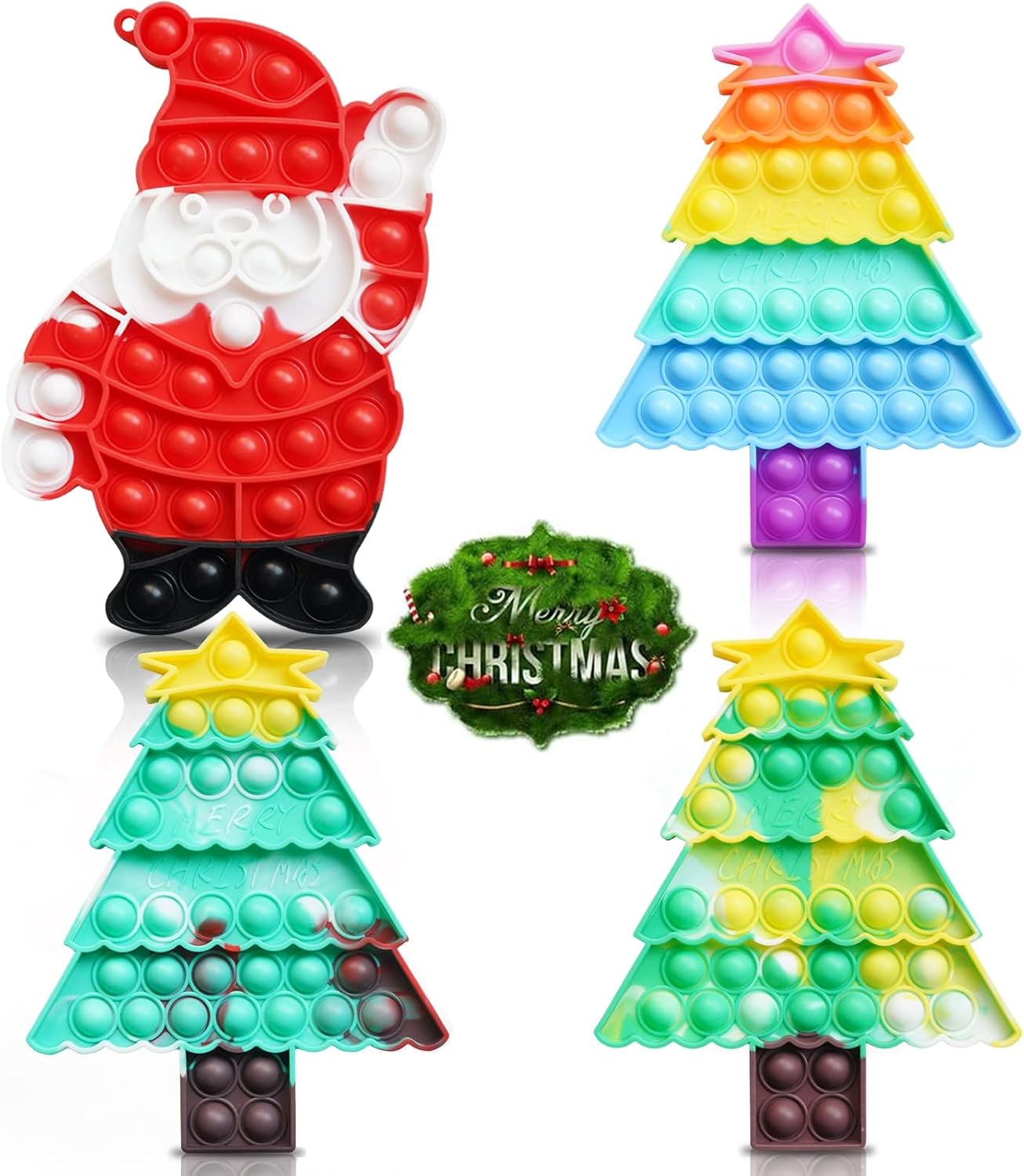 Pskdyhe 4 Pack Christmas Pop Push Its Fidget Toys,Simple Dimple Christmas Party Decor Santa Claus Christmas Tree Decoration for Kids Adults Stress Relief Poppers Games