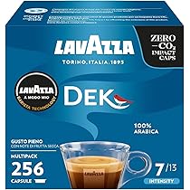 Lavazza A Modo Mio Dek Cremoso, 256 Capsule Caffè, per un Espresso Decaffeinato con Note Aromatiche di Mandorle e Canditi, 100% Arabica, Intensità 7, 13, Tostatura Media, 16 Confezioni da 16 Capsule
