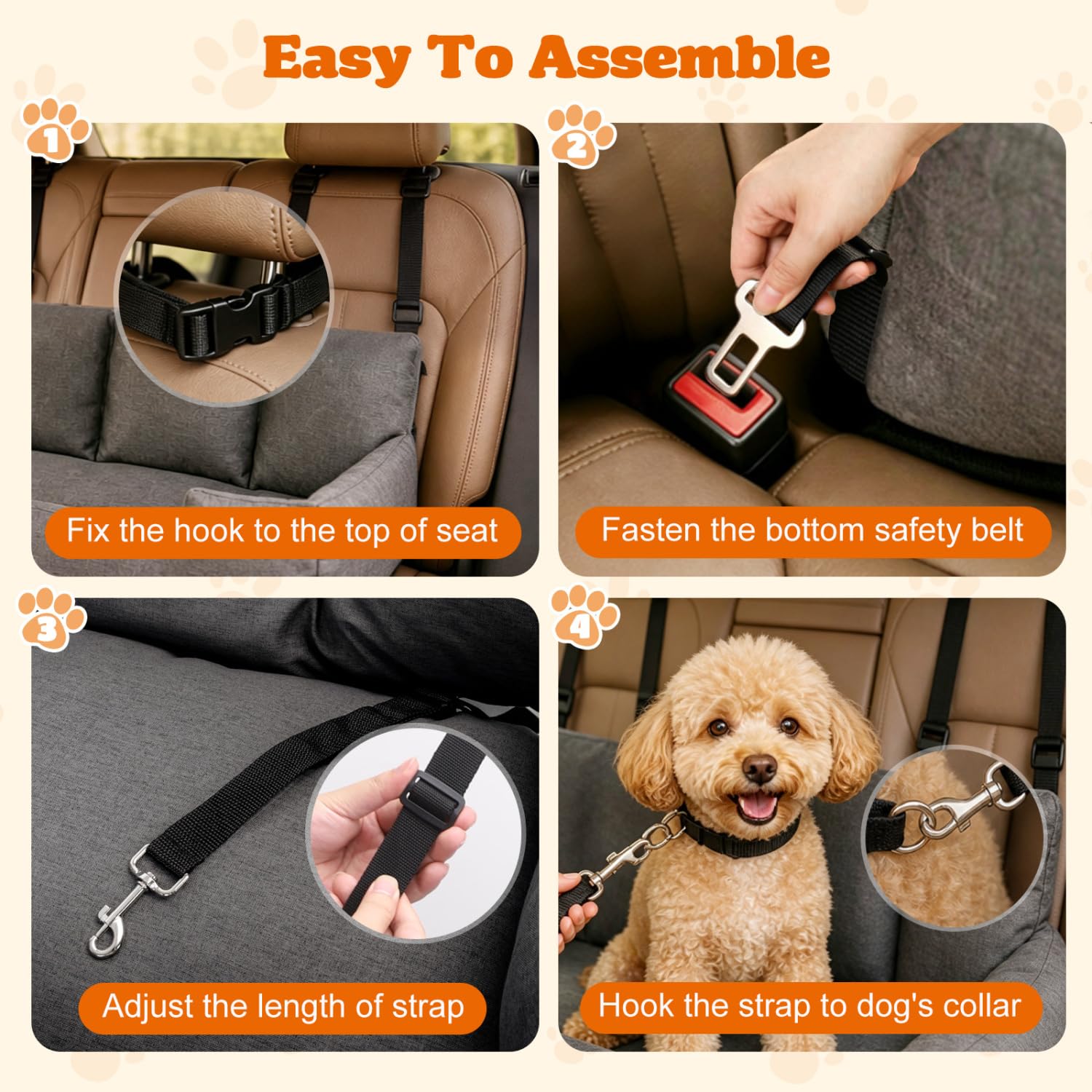 Nobleza - Hunde Autositz für Mittelgroße und Große Hunde, Abnehmbarer und Waschbarer Auto Reise Hundebett mit Staufächern und 2 Sicherheitsgurt, L92*W50*H40cm, Gris