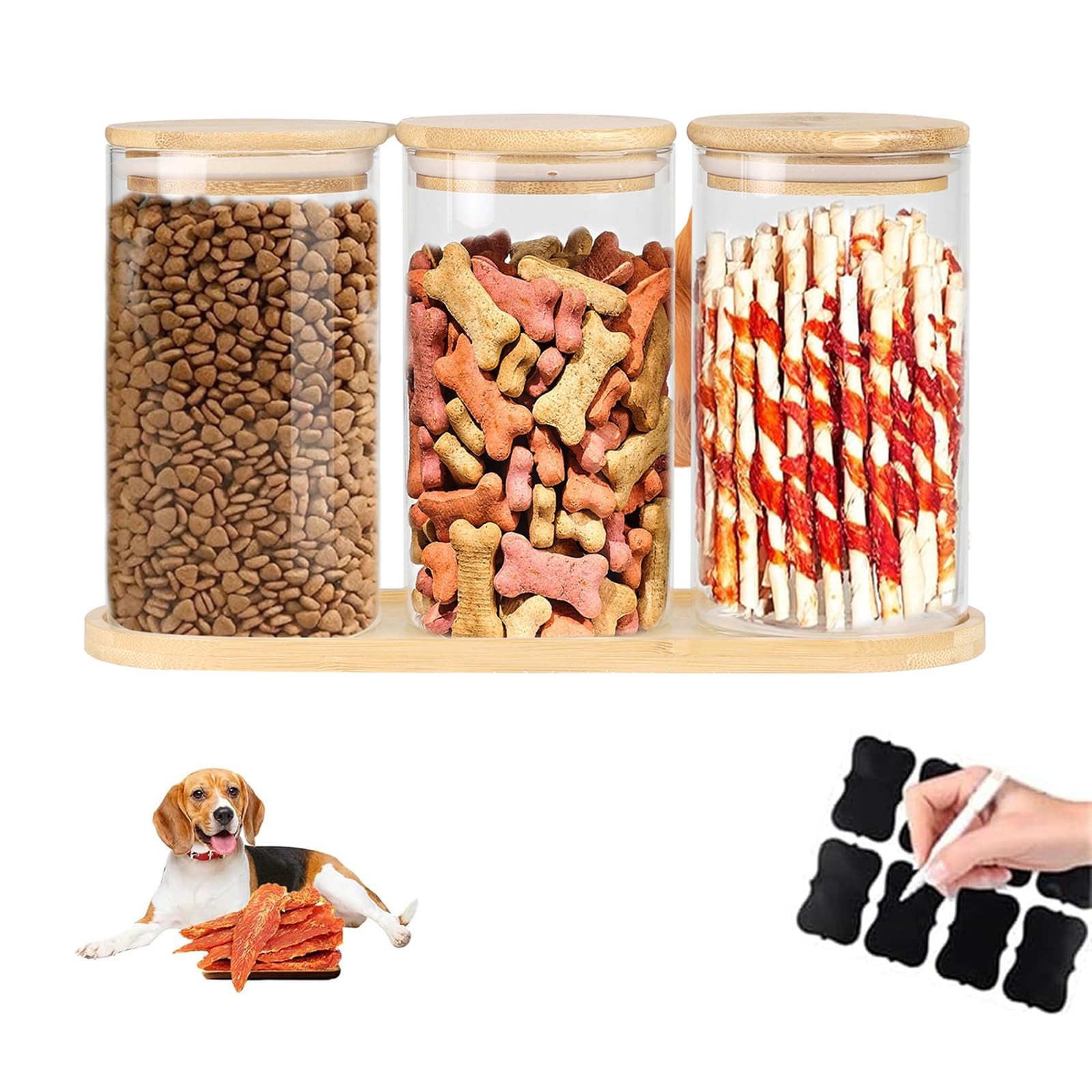 APITOS Dog Treat Jar Set of 3-Glass Dog Treat Container with Bamboo Lids,Airtight Pet Biscuit Treat Tin with 1Bamboo Tray,Fashionable Dog Food Storage Containers for Dogs and Cats