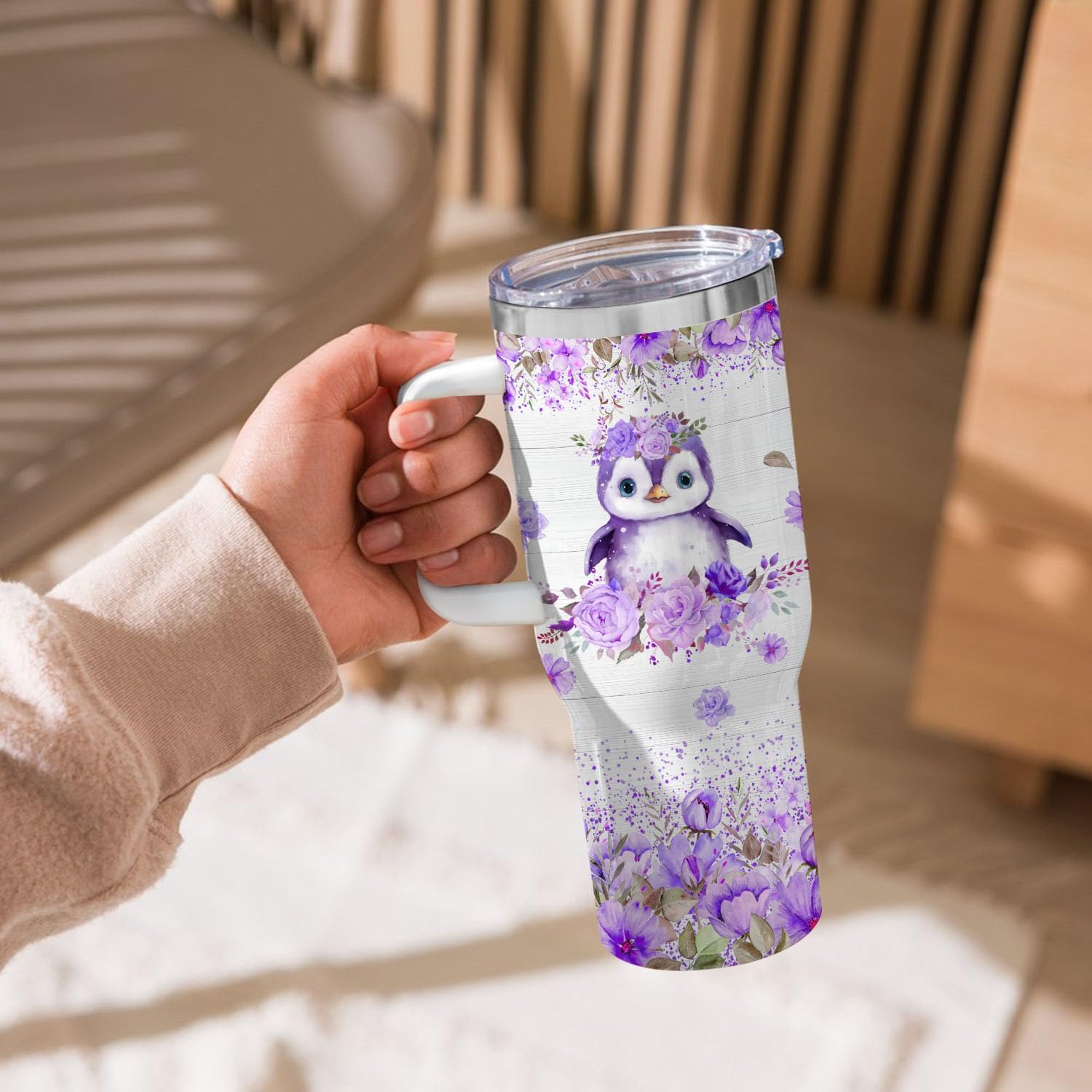 Penguin Tumbler, 40 oz Insulated Water Bottle With Handle Straw Lid for Penguin Lovers (Color 3) - Image 4