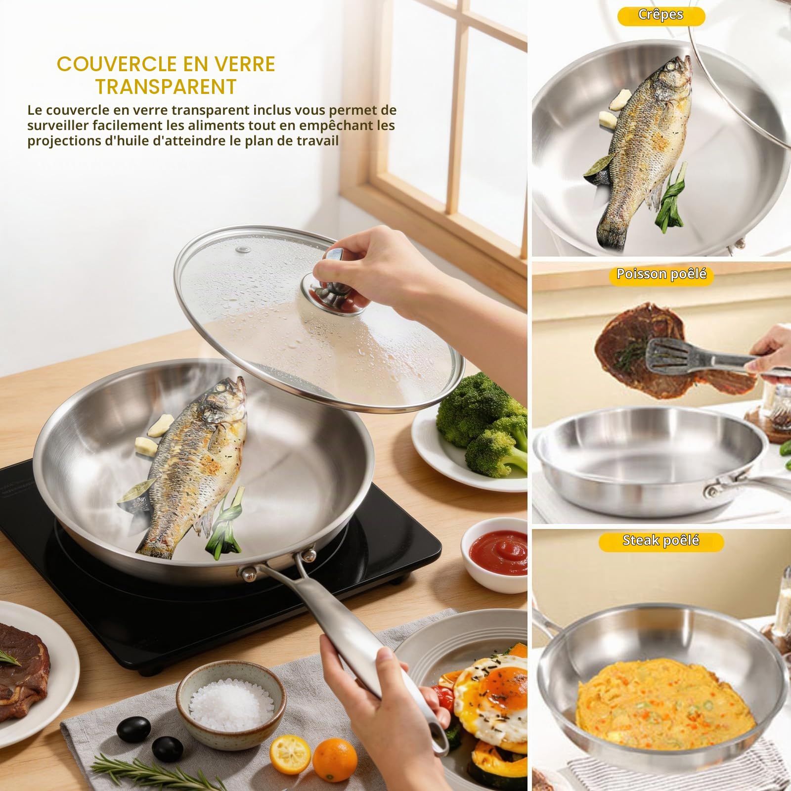 Poele Inox 30cm avec Couvercle,Acier Inoxydable Tri-couche, Chauffe Rapide