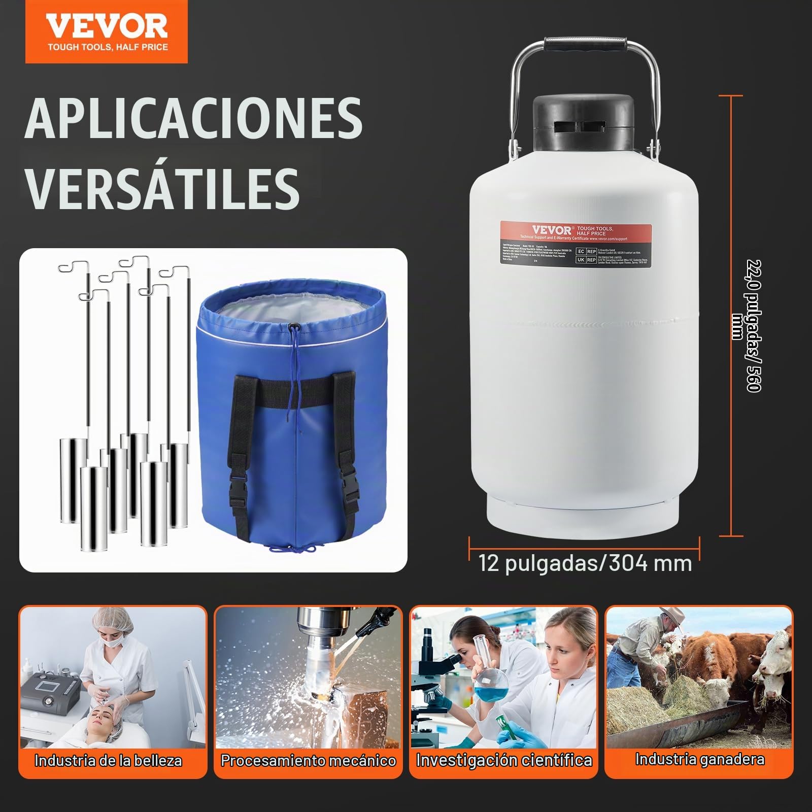 VEVOR Tanque de nitrógeno líquido, contenedor de nitrógeno líquido de aleación de aluminio de 10 L, Dewar de tanque LN2 con 6 botes y bolsa de transporte con correas, tanque criogénico para