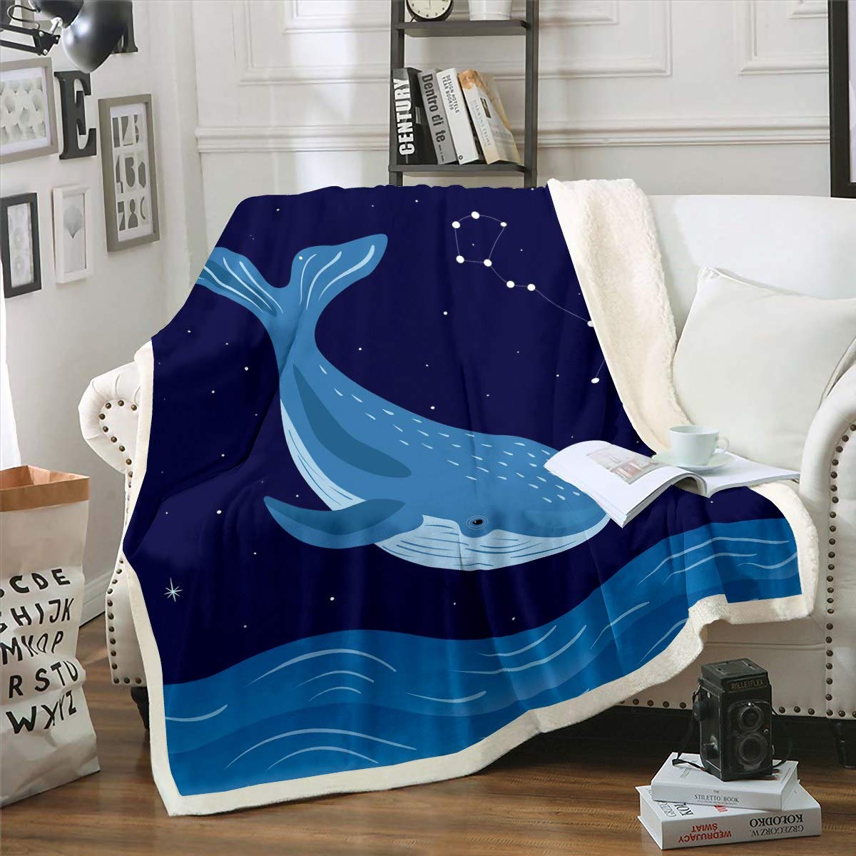 Whale Sherpa Blanket Ocean Marine Life Fleece Throw Blanket for Kids Boys Girls Sea Creature Wave Plush Blanket Sea Animal Printed Fuzzy Blanket for Sofa Bed Couch Double 60x79 Inch — image 1