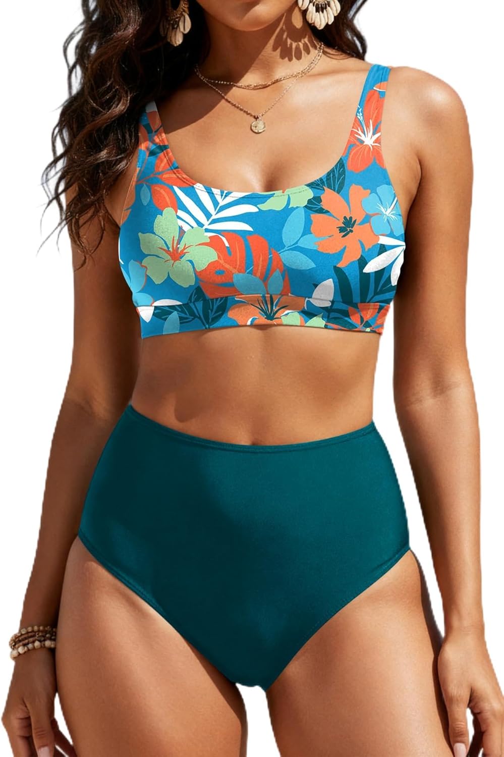 Holipick Women High Waisted Bikini Set Two Piece Scoop Neck Swimsuit Criss Cross Back Bathing Suit