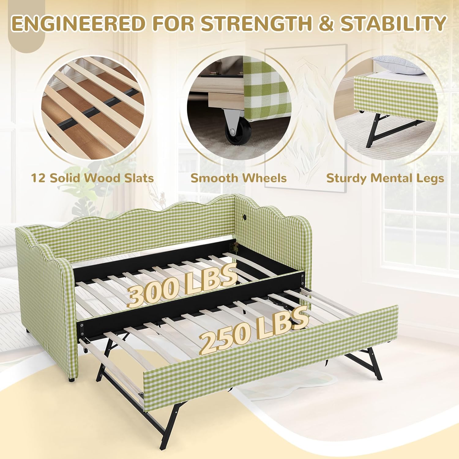 80.5" Daybed with Trundle, Gingham Twin Size Day Bed Frame with USB Charging Ports Modern Upholstered Sofa Bed for Living Room Bedroom Guest Room, Green