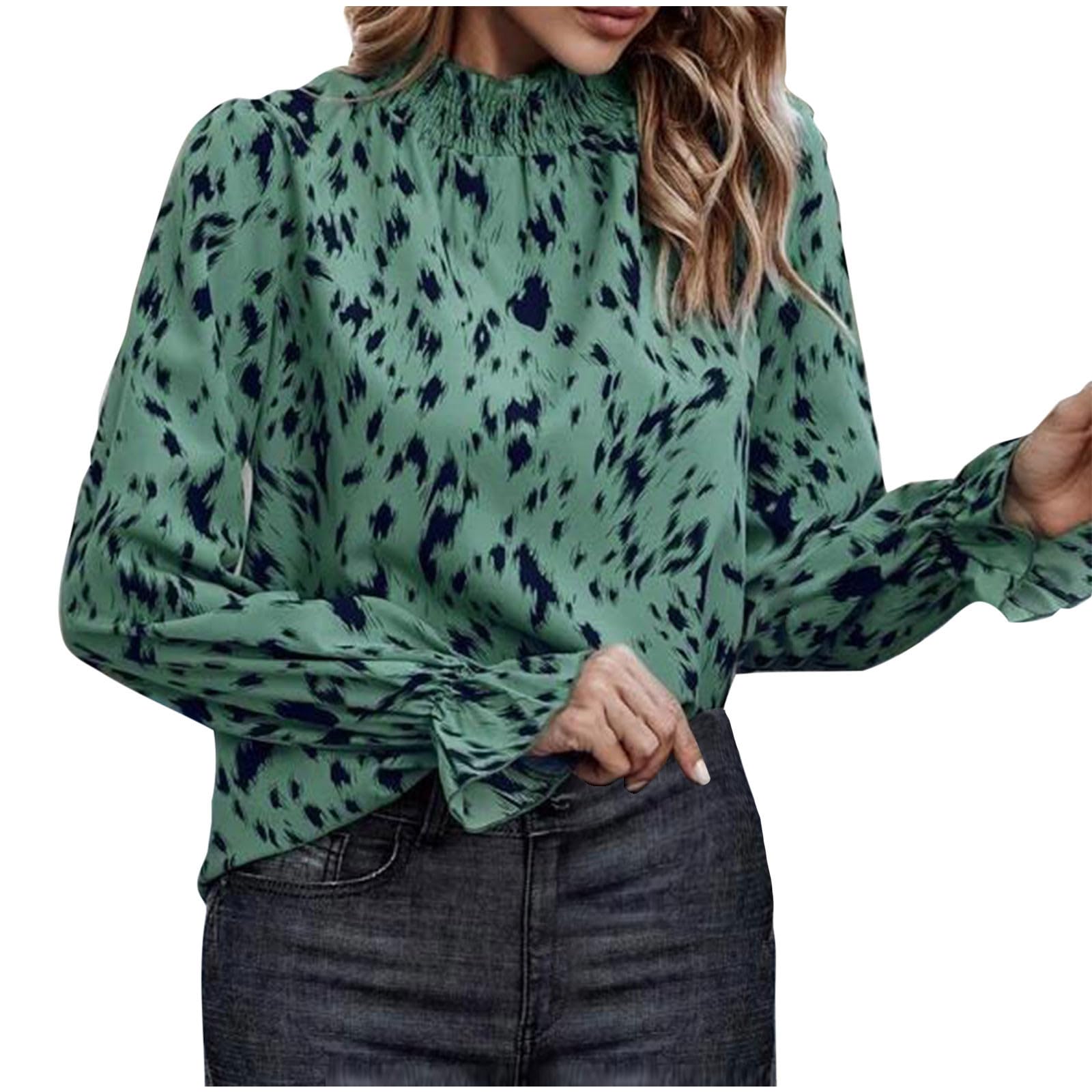 wadyobWomen's Leopard Printed Ruffle Hem Long Sleeve Mock Neck Blouses Tops Lightweight Slim Shirts for Fall Winter Spring
