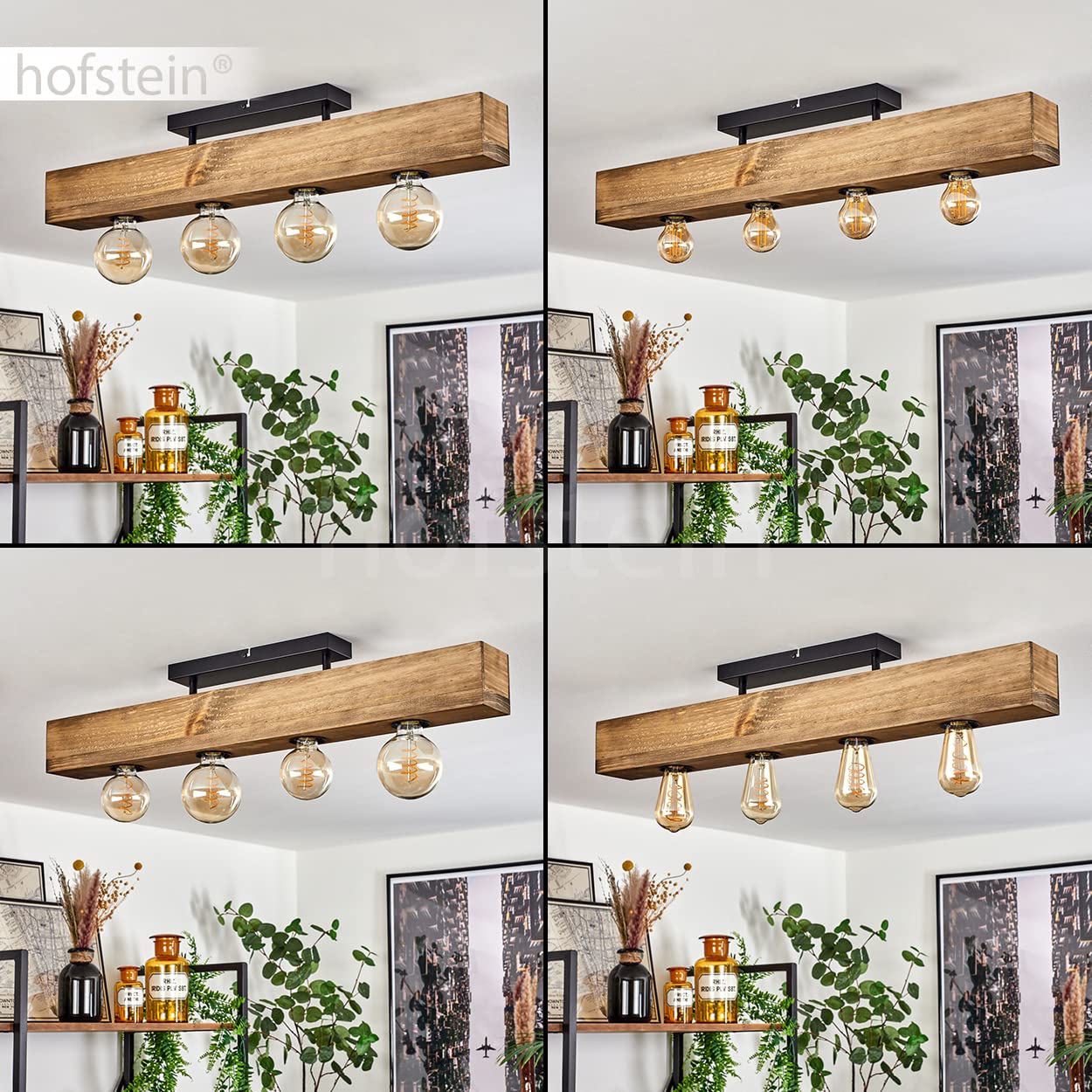 HOFSTEIN Deckenleuchte Berat, Deckenlampe aus Metall/Holz in Schwarz/Naturfarben, moderne Leuchte im Retro/Vintage-Design mit Holzbalken, 4 x E27, Esszimmer, Schlafzimmer, Wohnzimmer, Küche