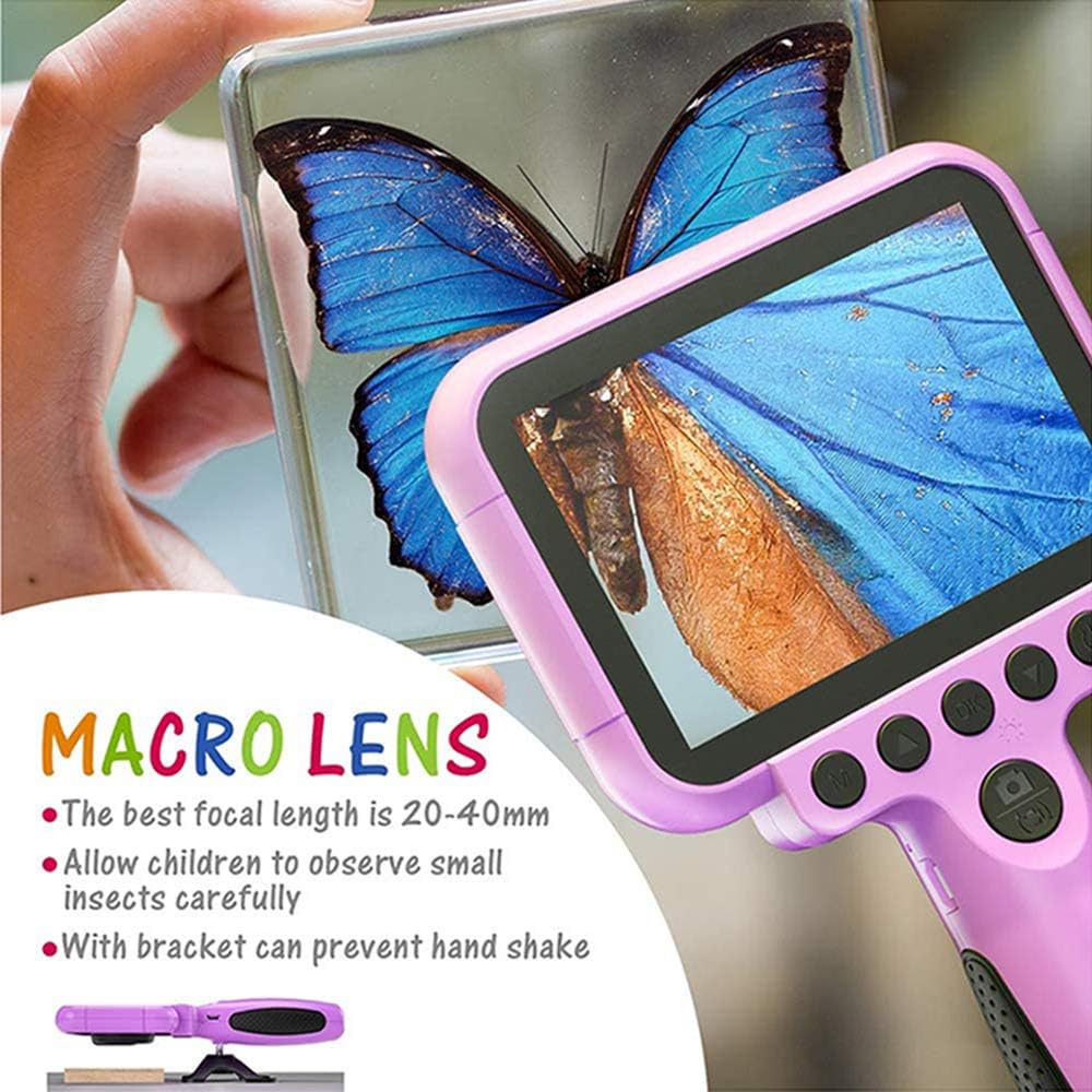 Close-up view of the Ourlife Kids Camera OU-630 screen showing a magnified butterfly, demonstrating the macro lens capability.