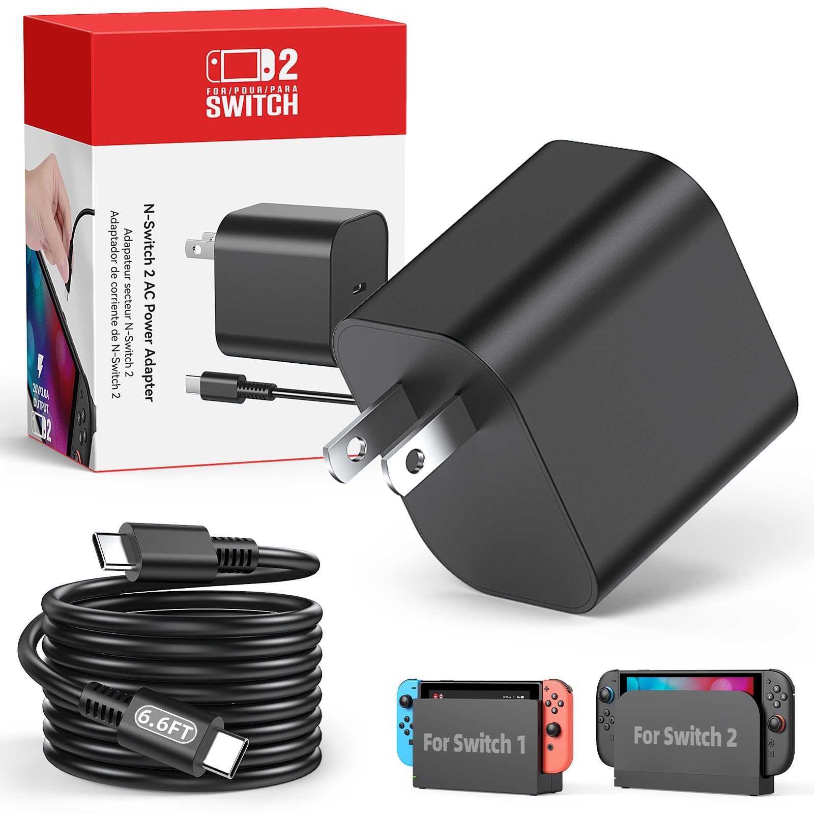 Switch 2 Charger with 6.6FT(2M) Charging Cable - 60W AC Power Adapter Support 4K TV Dock Mode, Power Supply 20V/3A for Nintendo Switch/OLED/Lite&amp;Steam Deck, Xbox 360 Console - Original Quality (6.6FT)
