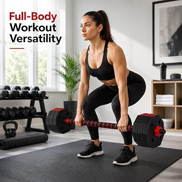 Adjustable Octagonal Dumbbell Set with Barbell Connector, Free Weights Home Gym Strength Training Fitness Equipment, Non-Roll Hand Weights for Men and Women, Full Body Workout Exercise Kit, Weight Set