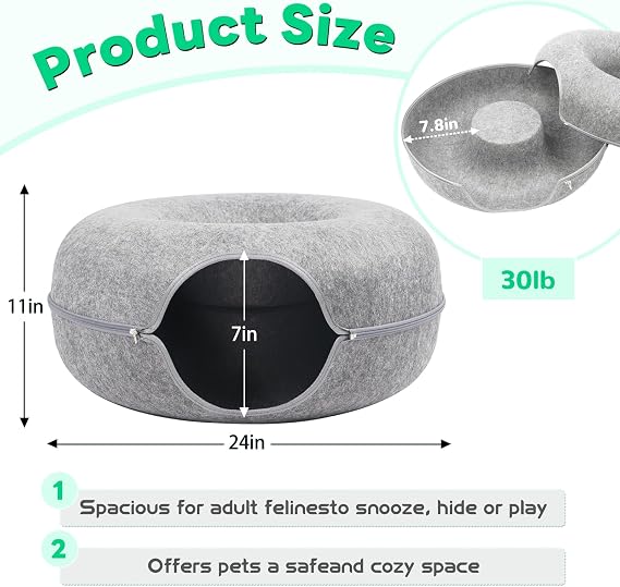 Large Peekaboo Cat Cave Donut Tunnel 24 for Indoor Cats, Light Grey