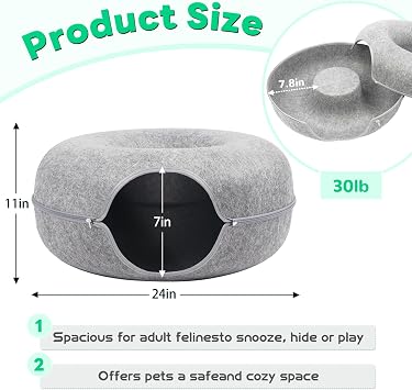 Large Peekaboo Cat Cave Donut Tunnel 24 for Indoor Cats, Light Grey