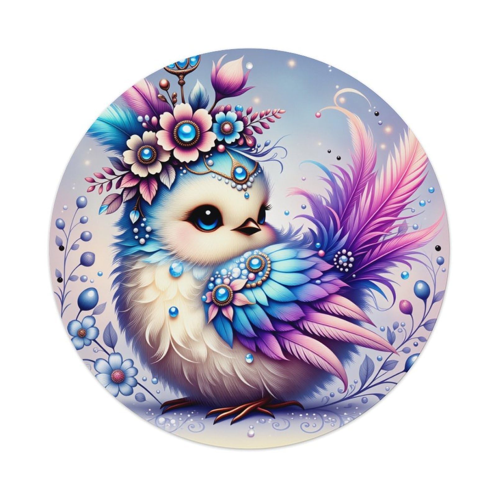 Fantasy Bird Floral Crown Feathers Round Tin Sign Vintage Style Metal Sign Home Bar Garden Wall Plaque Decor Metal Poster 8x8 Inch