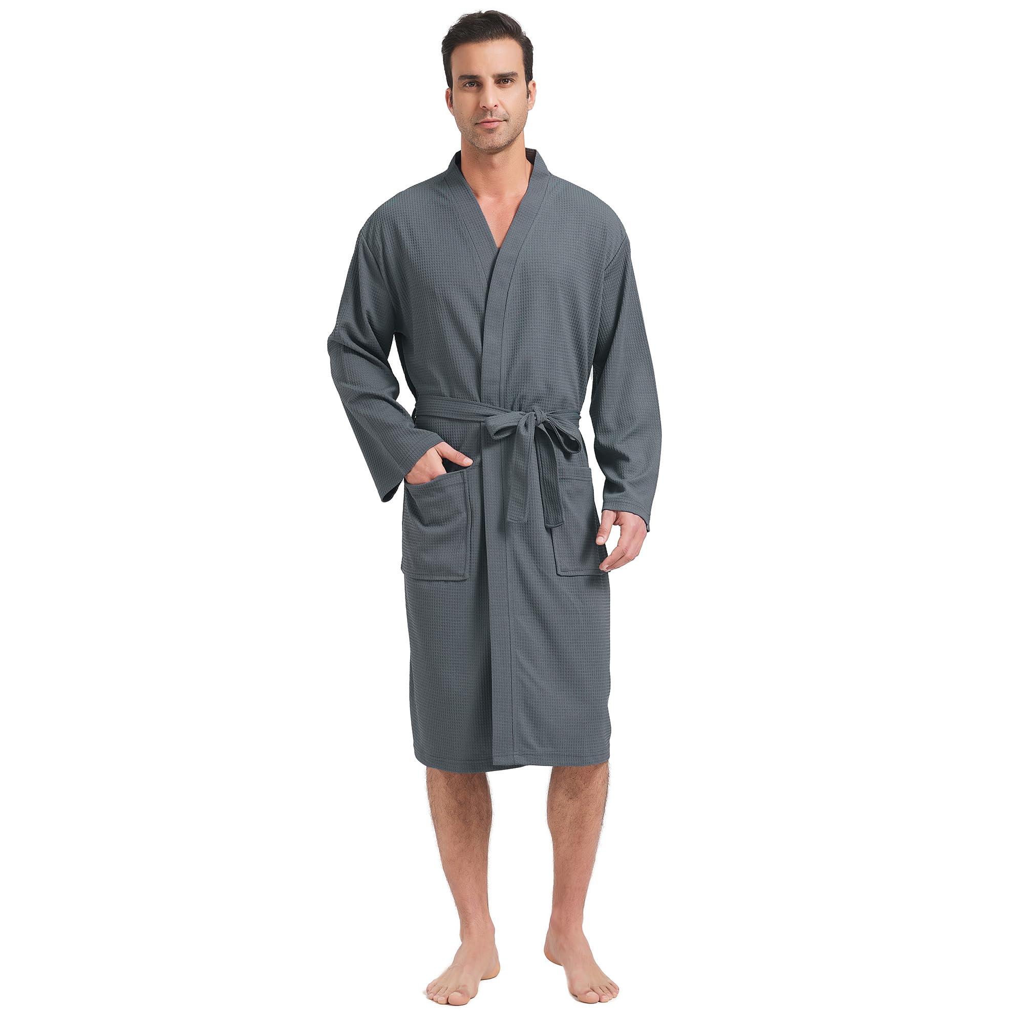 FashGudim Mens Lightweight Waffle Knit Robe Soft Kimono Spa Bathrobes Knee Length Summer Robes