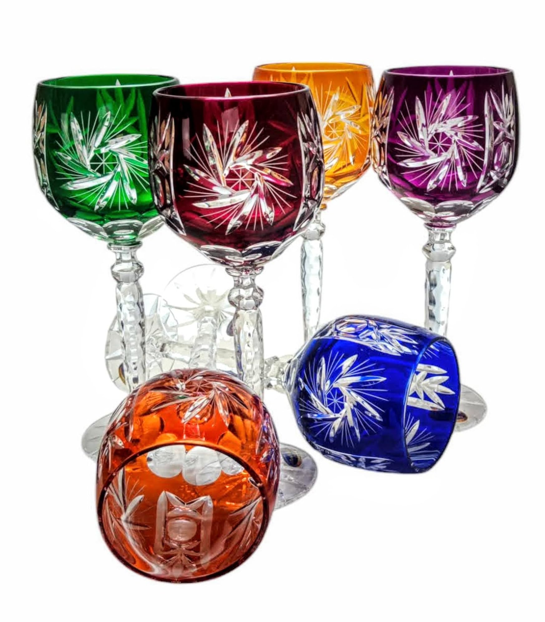 MaRika Lot de 6 verres à vin en cristal, 280 ml, multicolores, faits à la main, parfaits pour le vin rouge et le vin blanc, idée cadeau