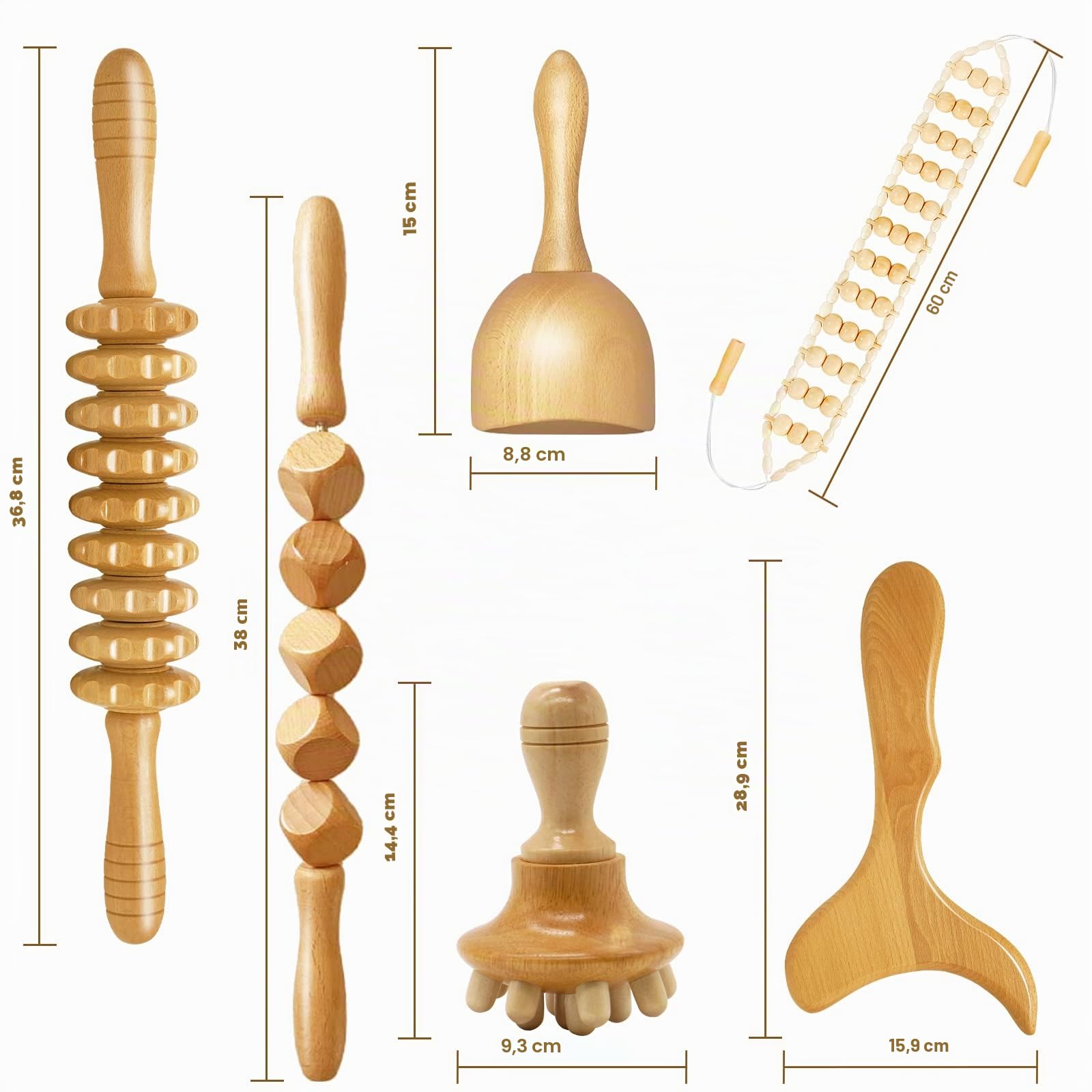 6 en 1 Maderotherapie Kit Complet, Masseur Bois de Anti Cellulite, Rouleau de Massage Gua Sha Cup, Appareil Corps de Drainage Lymphatique, Soulager Muscle le Stress et Relaxation
