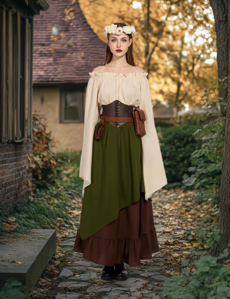 Renaissance Costume Women Ren Faire Outfit Medieval Skirt Dress with Corset Belt Pouch Coin Purse Skirt Hike 7PC - Image 6