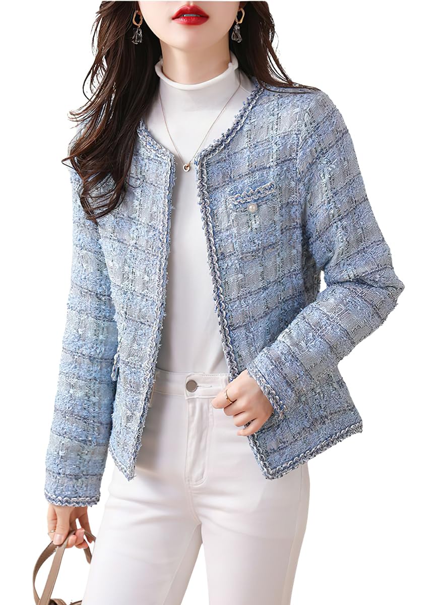 chouyatou Womens Elegant Open Front Tweed Jacket Slim Collarless Bussiness Casual Blazer Jacket