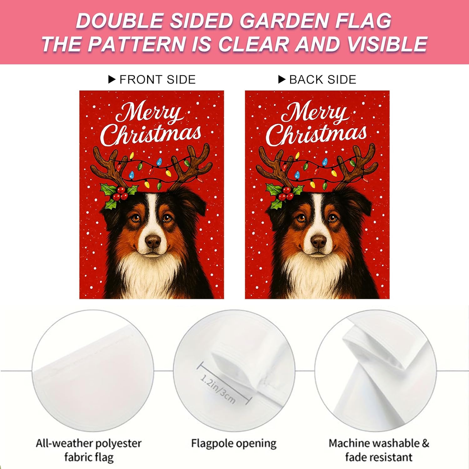 Christmas Garden Flag 12x18 Inch Welcome Australian Shepherd Dog Outdoor Flag Double Sided Holiday Puppy Yard Banner with Antlers and Lights for Porch Lawn Patio - Image 4