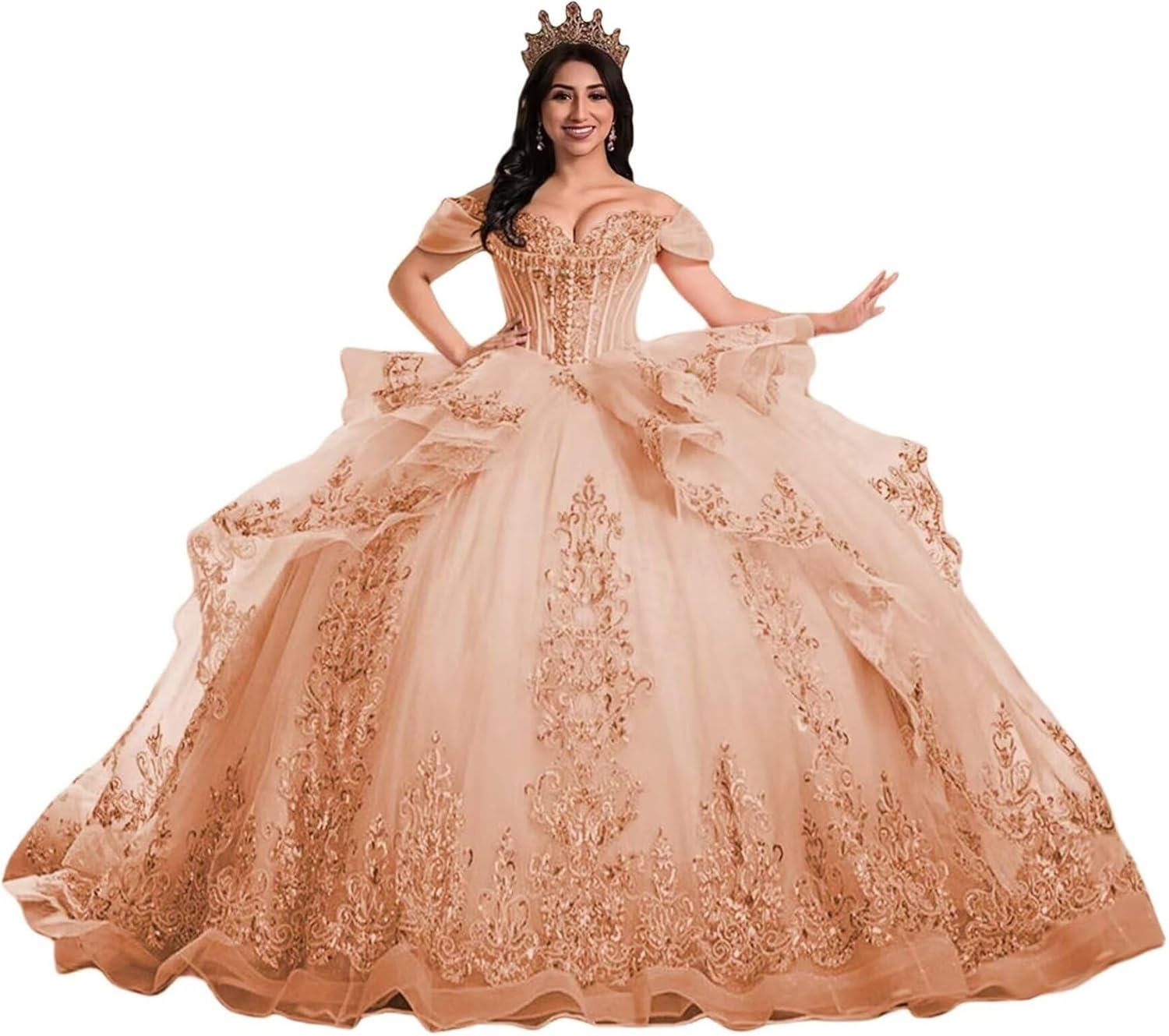 TRHTX Princess Ruffles Quinceanera Dresses with Train Puffy Lace Crystal 15 Dresses for Quinceanera Layered Tulle Ball Gown