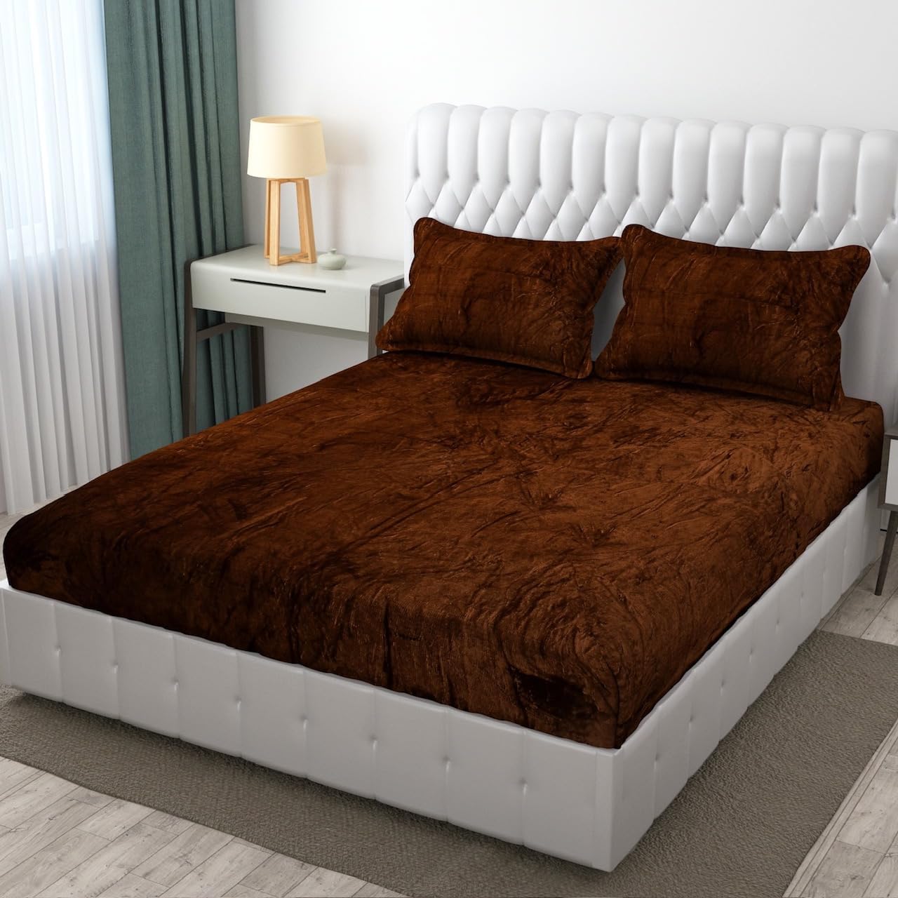 D IMPORTS Velvet Warm Winter Solid Flannel Elastic Fitted Bedsheets for Double Bed King Size 90x100 inches with 2 Pillow Covers | Double Bed Warm Bedsheet with Elastic (Brown)