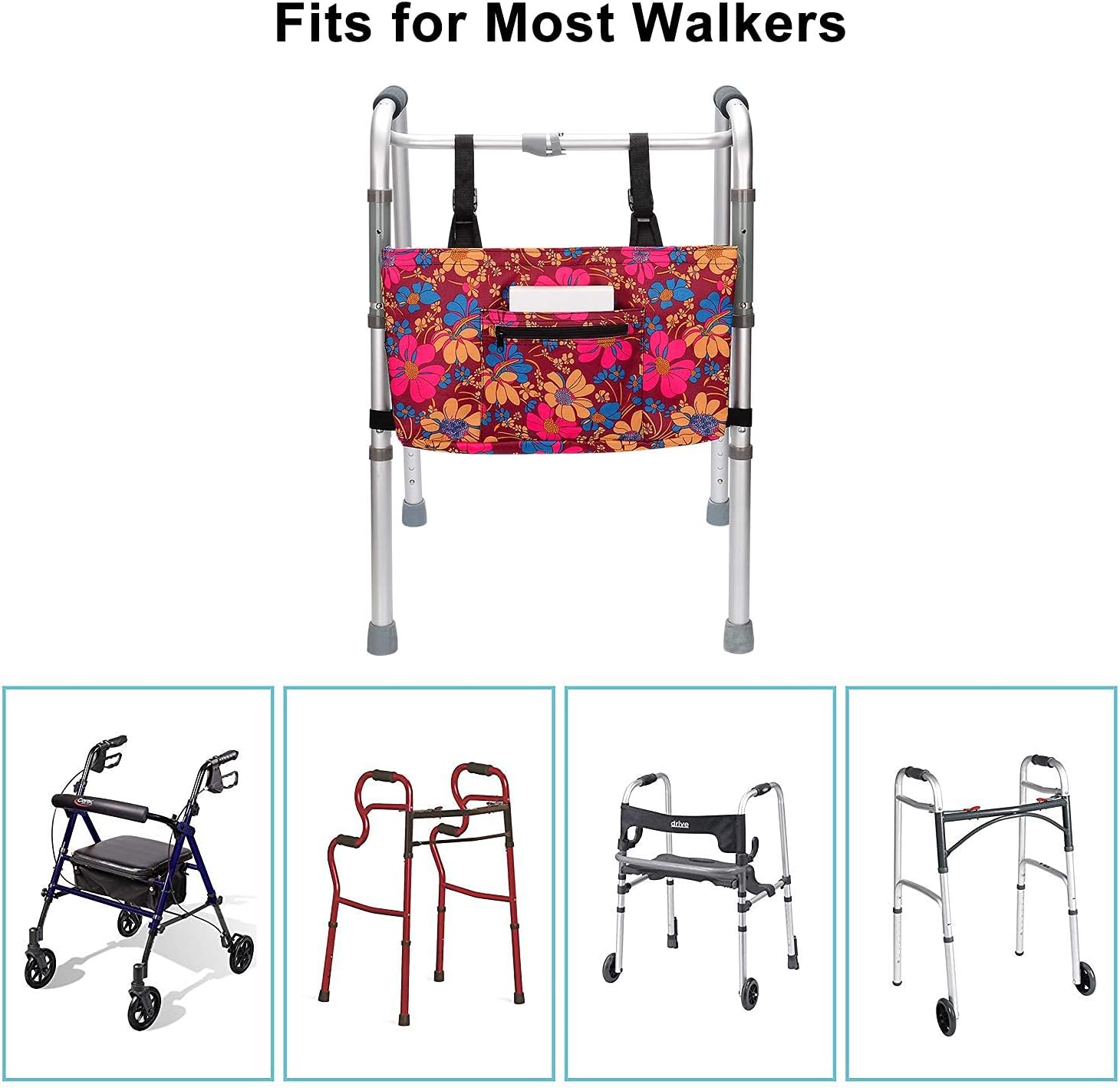 supregear Walker Bag, Foldable Walker Accessories Basket Organizer Pouch Tote with Detachable Preserve Heat Compartment for Walker Rollator Wheelchair Scooters, Easy Access to Zipper Pocket, Floral : Health & Household