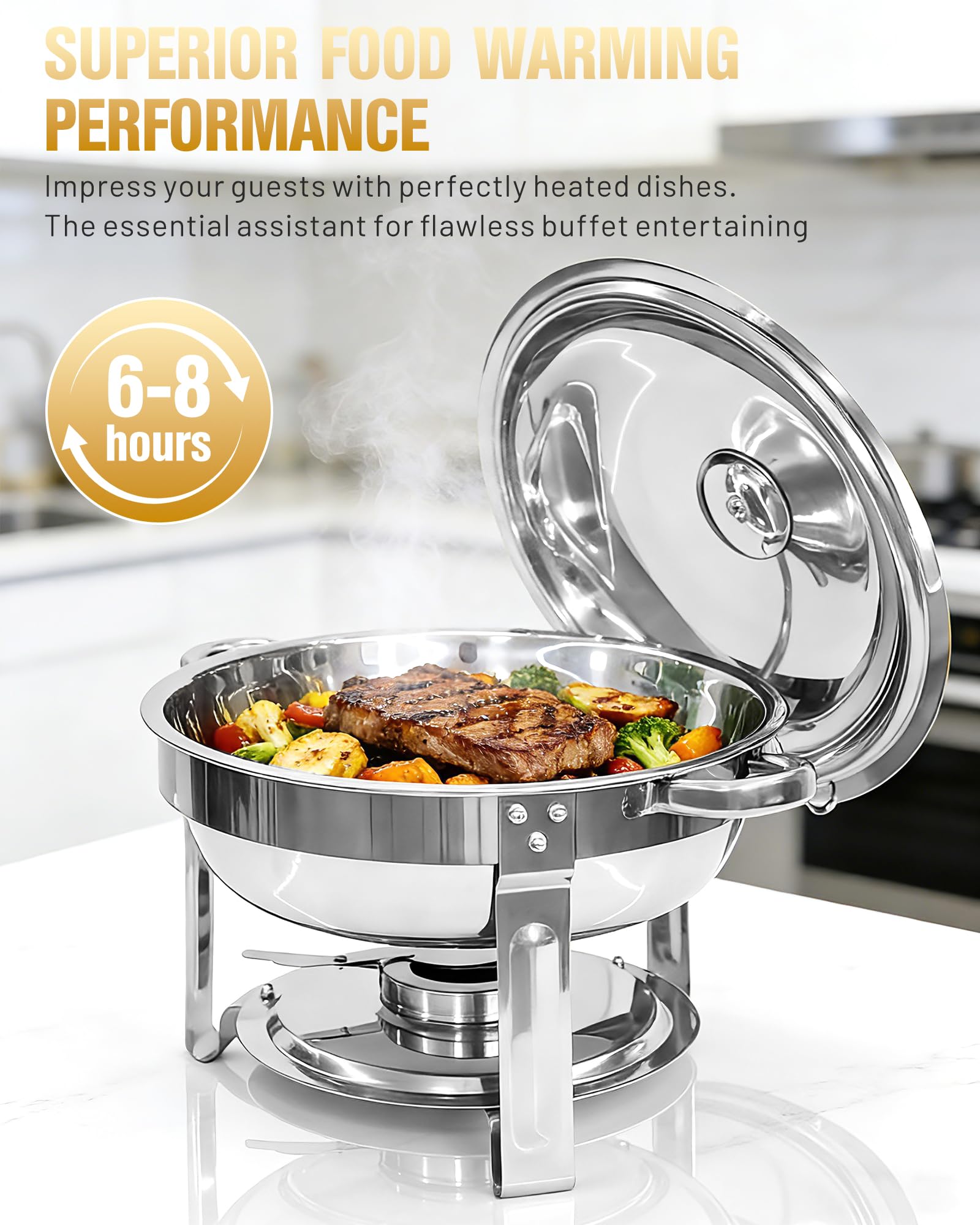 Speisenwärmer 6L Warmhaltebehälter Essen Edelstahl, Chafing Dish Buffet | 2PCS Runder warmhalteplatte grillgut für Partys Geburtstage Feiertage Kirchenveranstaltungen, Silber