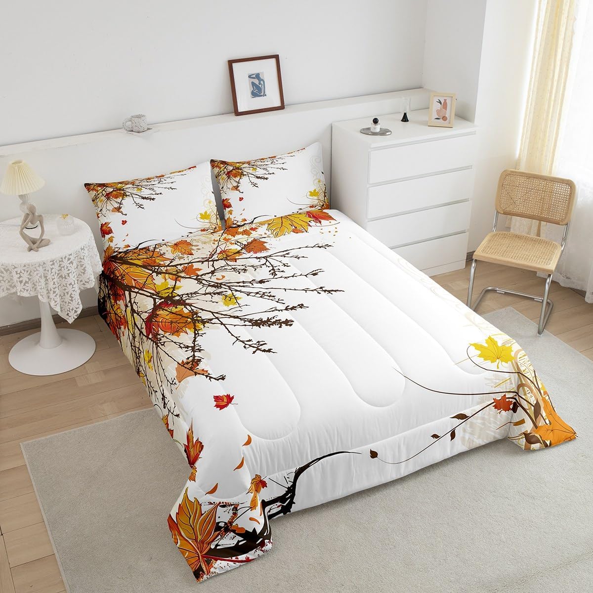 Erosebridal Fall Leaves Comforter Set Queen Size, Autumn Maple Branches Down Comforter for Kids Youth Girls, Botanical Prints Soft Lightweight Duvet Set, 1 Bedding Set & 2 Pillow Cases