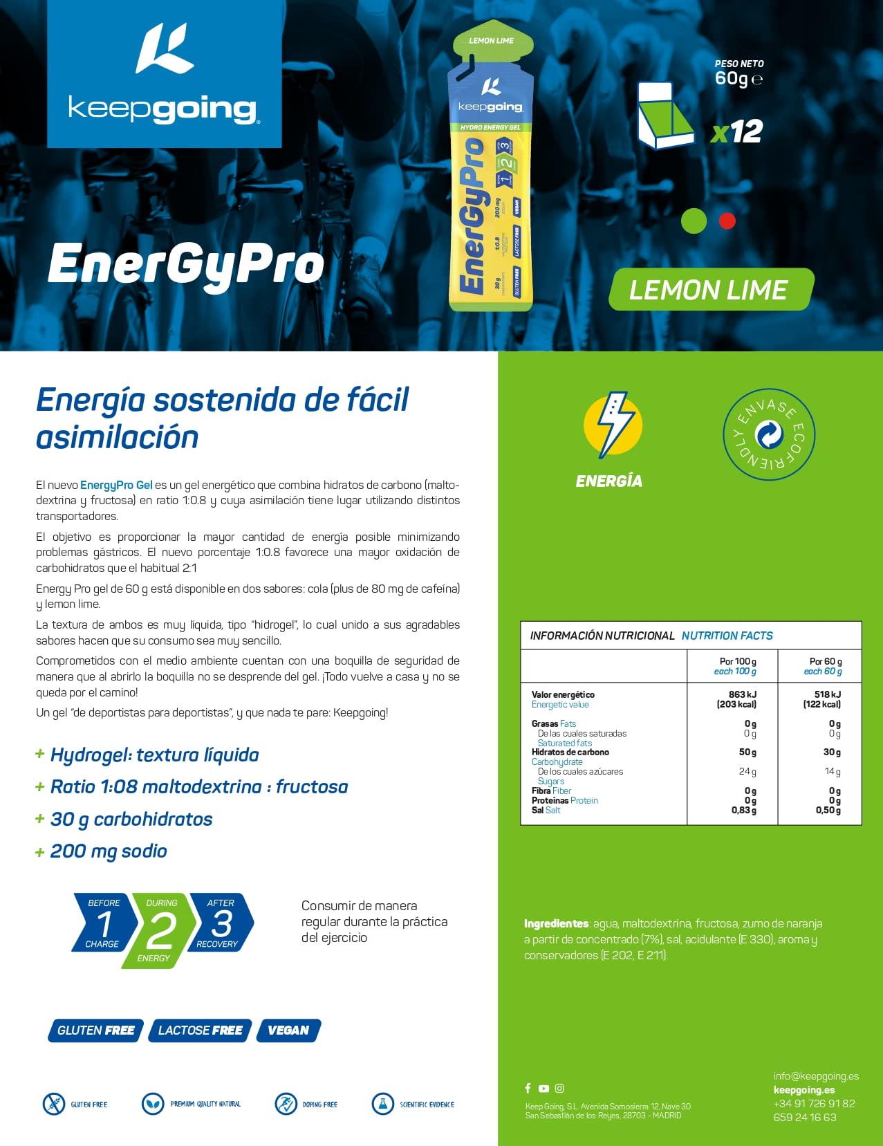 Keepgoing Gel Energético EnergyPro | Geles Energéticos Ciclismo | Geles Energéticos Running | Gel Energético con Cafeína | Energy Gel (Limón, 12 unidades)