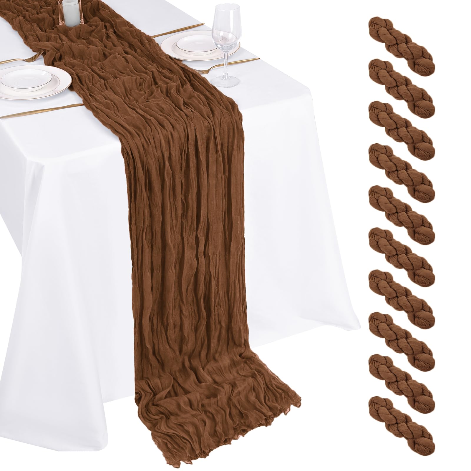 Photo 1 of 10 Pack Brown Cheesecloth Table Runner 17x108 Inch Boho Gauze Cheese Cloth Table Runners for Wedding Party Baby Shower Birthday Home Decor