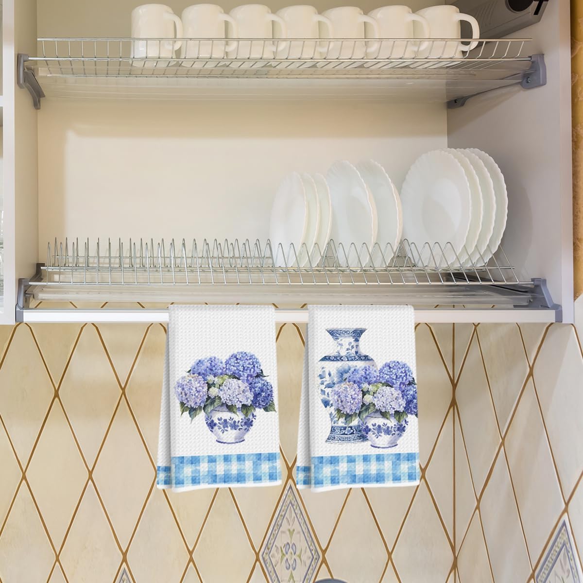 2Pcs Chinoiserie Kitchen Towels, Blue White Hydrangea Checkered Hand Towels image 5