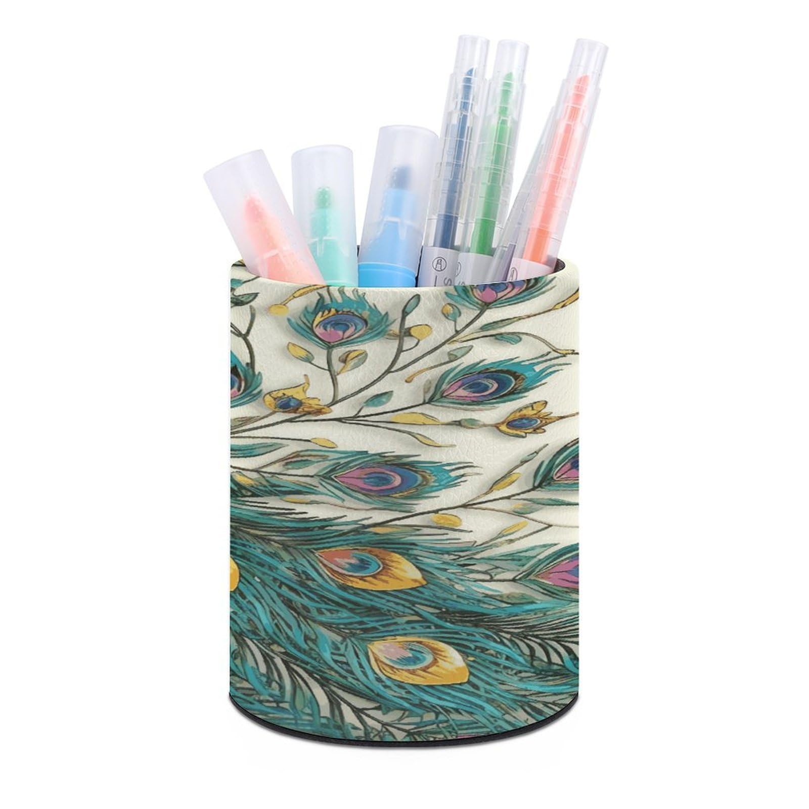 LDGSUPH Peacock Pattern Round Pen Holder Leather Pen Cup Pencil Cup Pen Organizer Pencil Holder for Desk Organizer Pencil Organizers Makeup Brush Holders for Home Office Gift