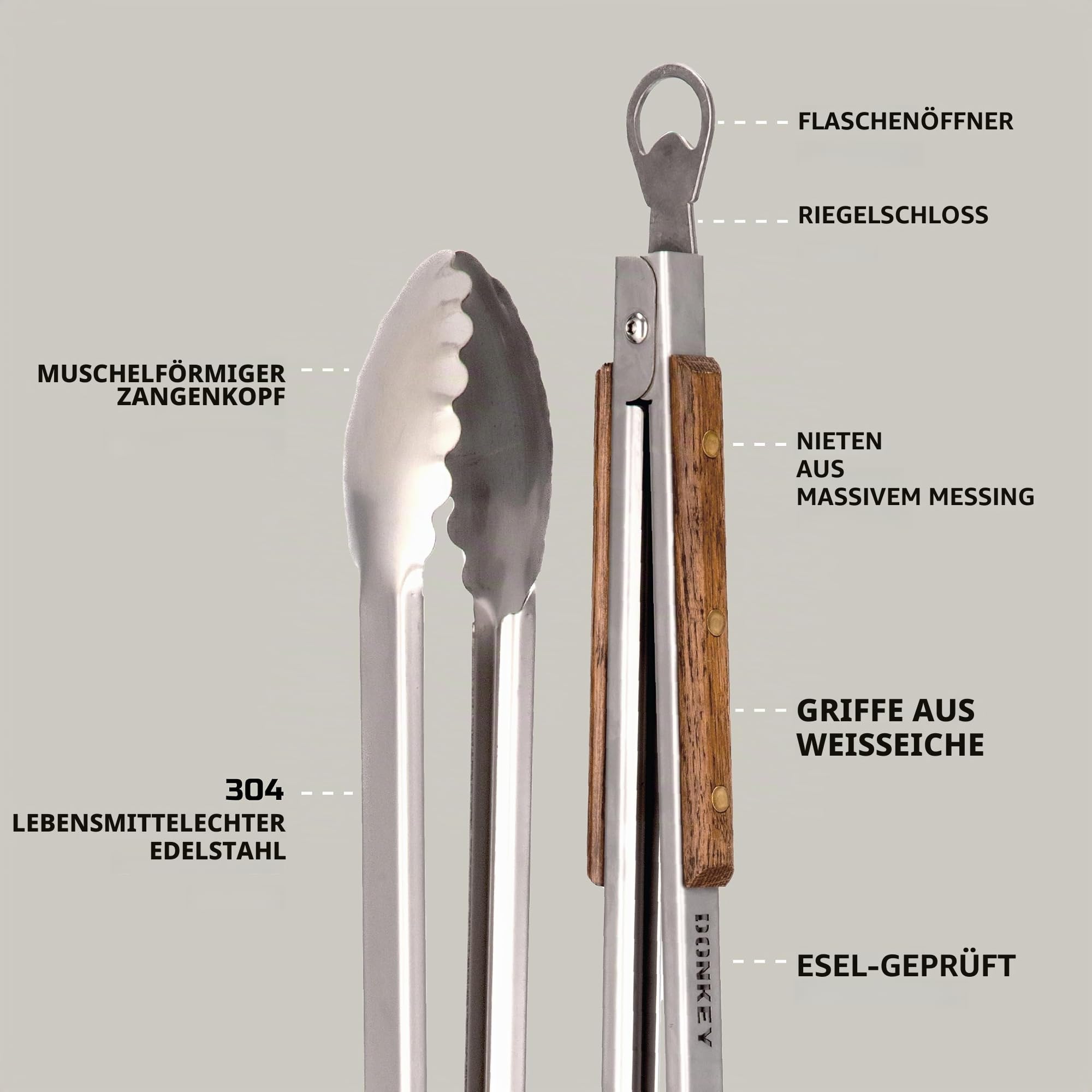 Grillzange, 81,3 cm, extra lange Grillzange, Edelstahl, Verriegelungszange, Flaschenöffner, Holzgriffe, Premiumzange
