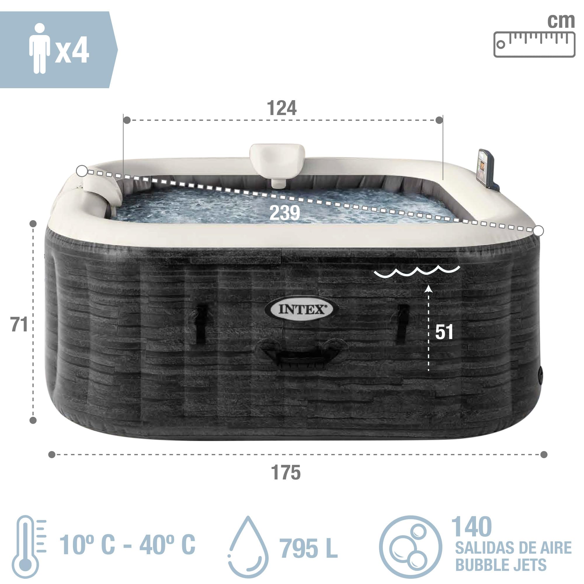 Intex Spa hinchable cuadrado Greystone Deluxe 4 personas, 175x175x71 cm, Calentador 2.200 W, Burbujas aire caliente, Clorador salino, Depuradora con filtro S2 (1.741 l/h), Accesorios incluidos (55093)