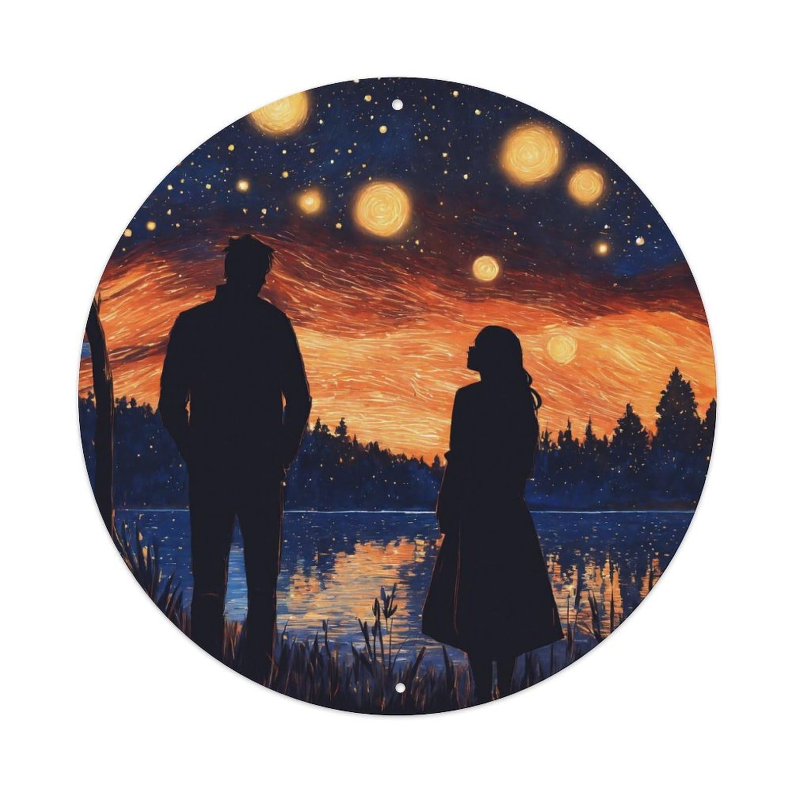 Vintage Art Lovers' Shadow at Lakeside Starry Night Sky Vintage Metal Tin Sign Plaque Wall Decor for Cafe, Club, Garden Round Metal Poster 8x8Inch